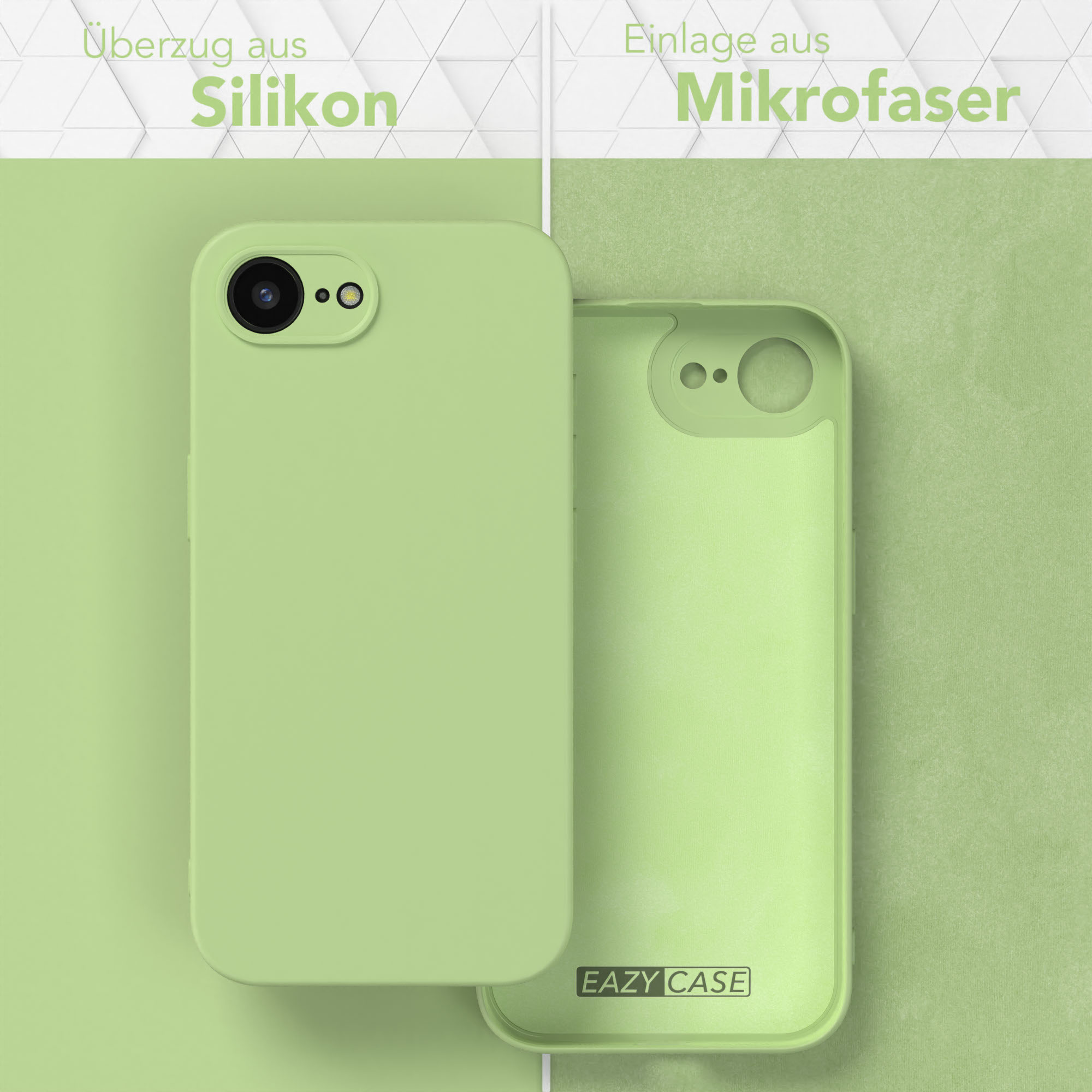 Grüne Handyhülle, mit den Worten Silikon und Mikrofaser. Die Handyhülle ist offen.