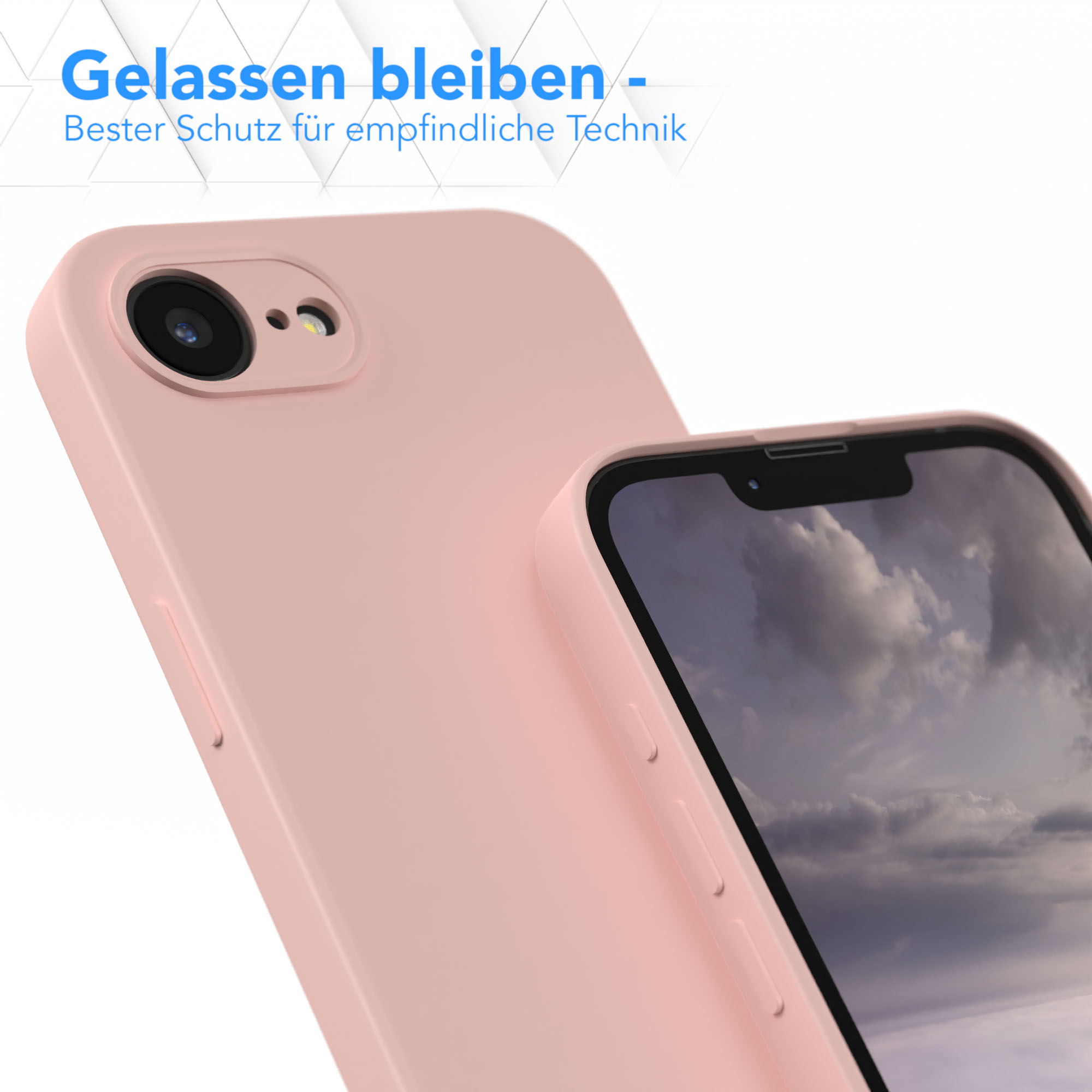 Rosa Handyhülle auf einem Telefon. Die Hülle ist rosa und der Bildschirm ist sichtbar.