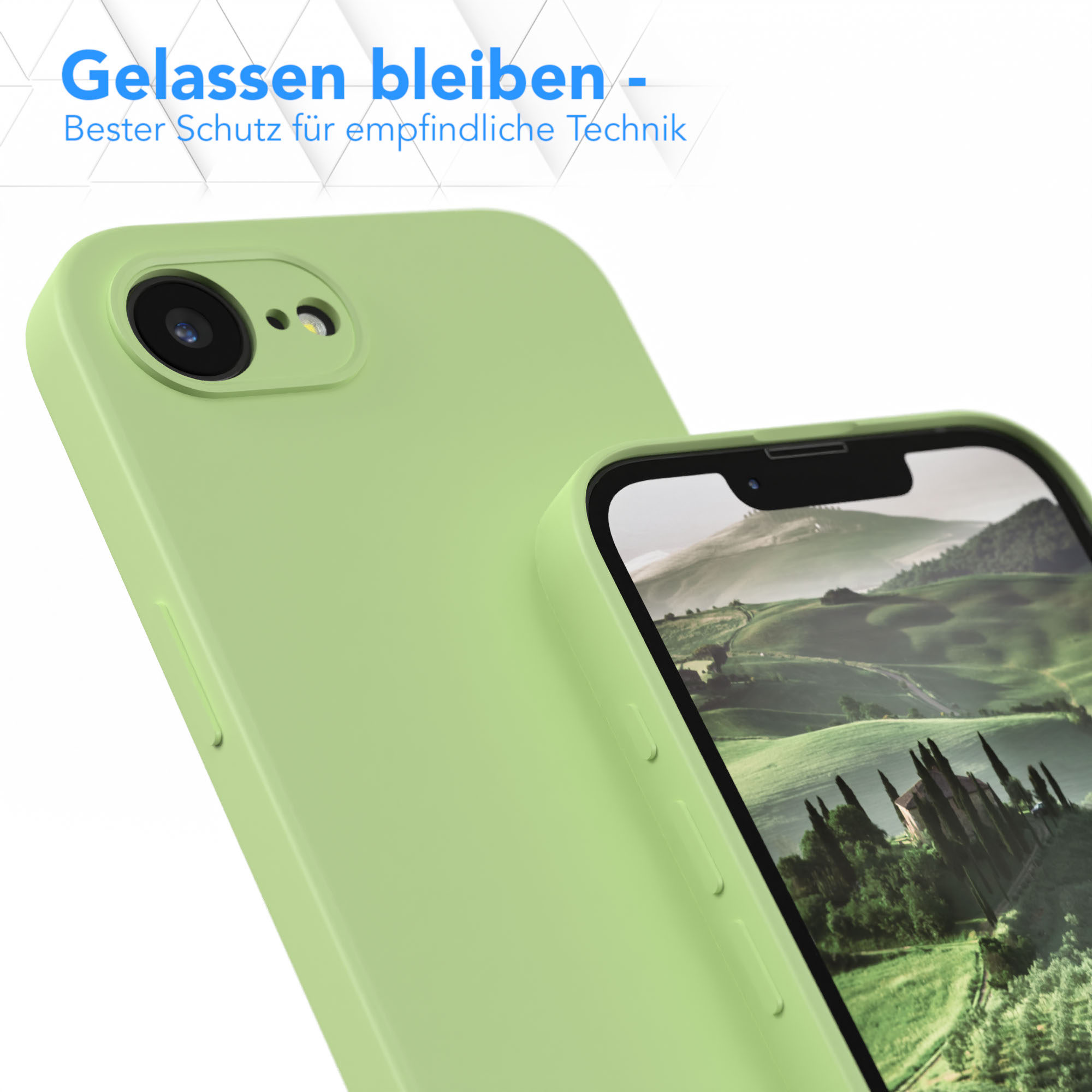 Grüne Handyhülle auf einem Telefon. Die Handyhülle ist grün und der Bildschirm ist sichtbar.