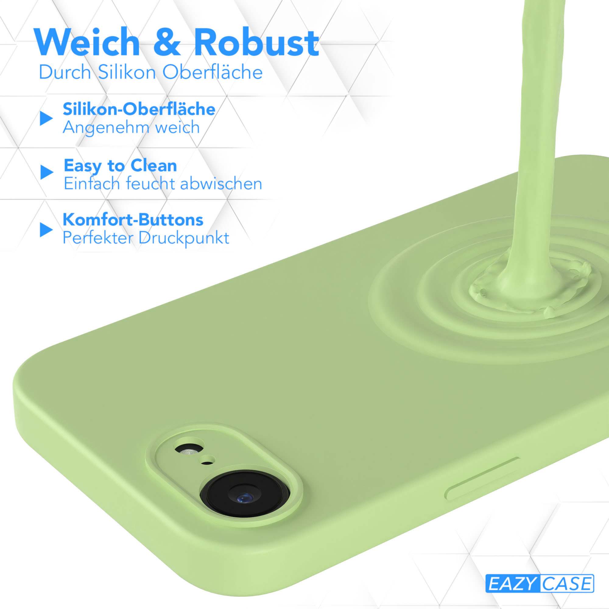 Grüne Handyhülle und ein Telefon. Die Handyhülle ist grün, die Flüssigkeit gießt.