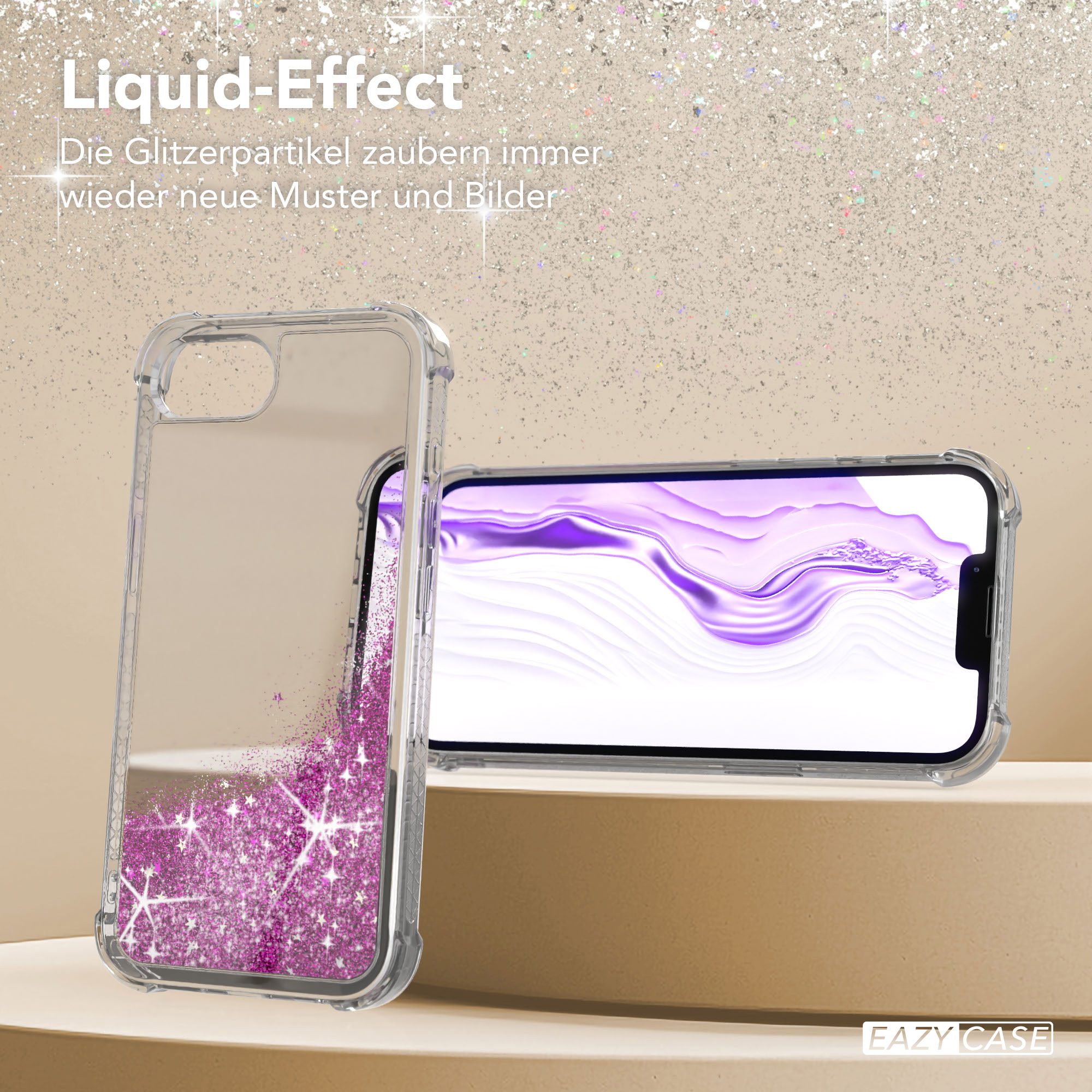 Transparente Handyhülle mit lila Glitzerflüssigkeit. Telefon mit weißem Bildschirm.