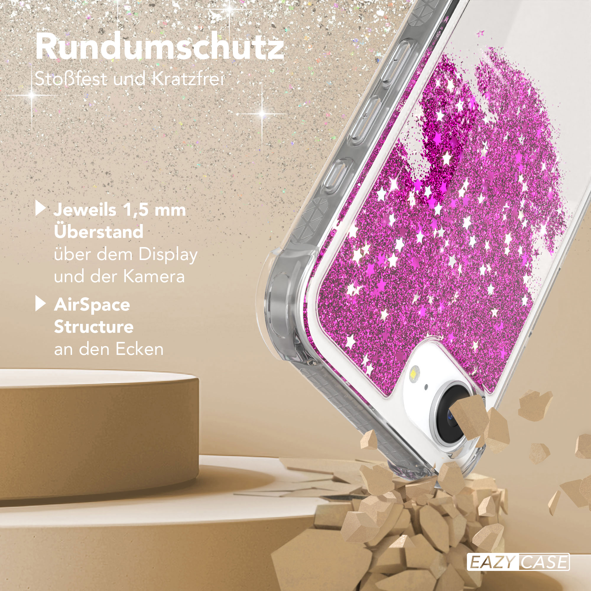 Transparente Handyhülle mit rosa Stern-Glitzerflüssigkeit. Nahaufnahme. Telefon innen.