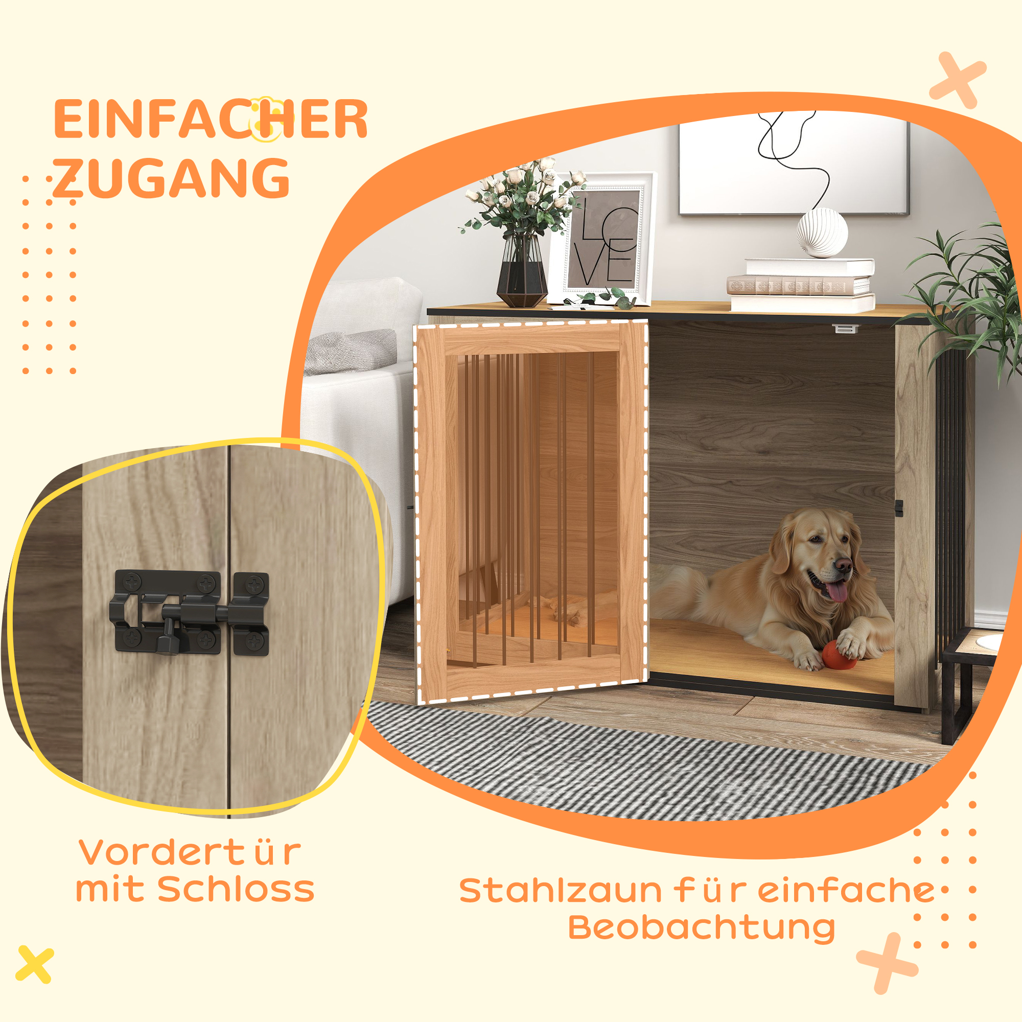 Ein Hund in einem Hundehäuschen aus Holz. Das Haus hat eine Tür mit Schloss und Drahtzaun. Oranger Grafik-Overlay.