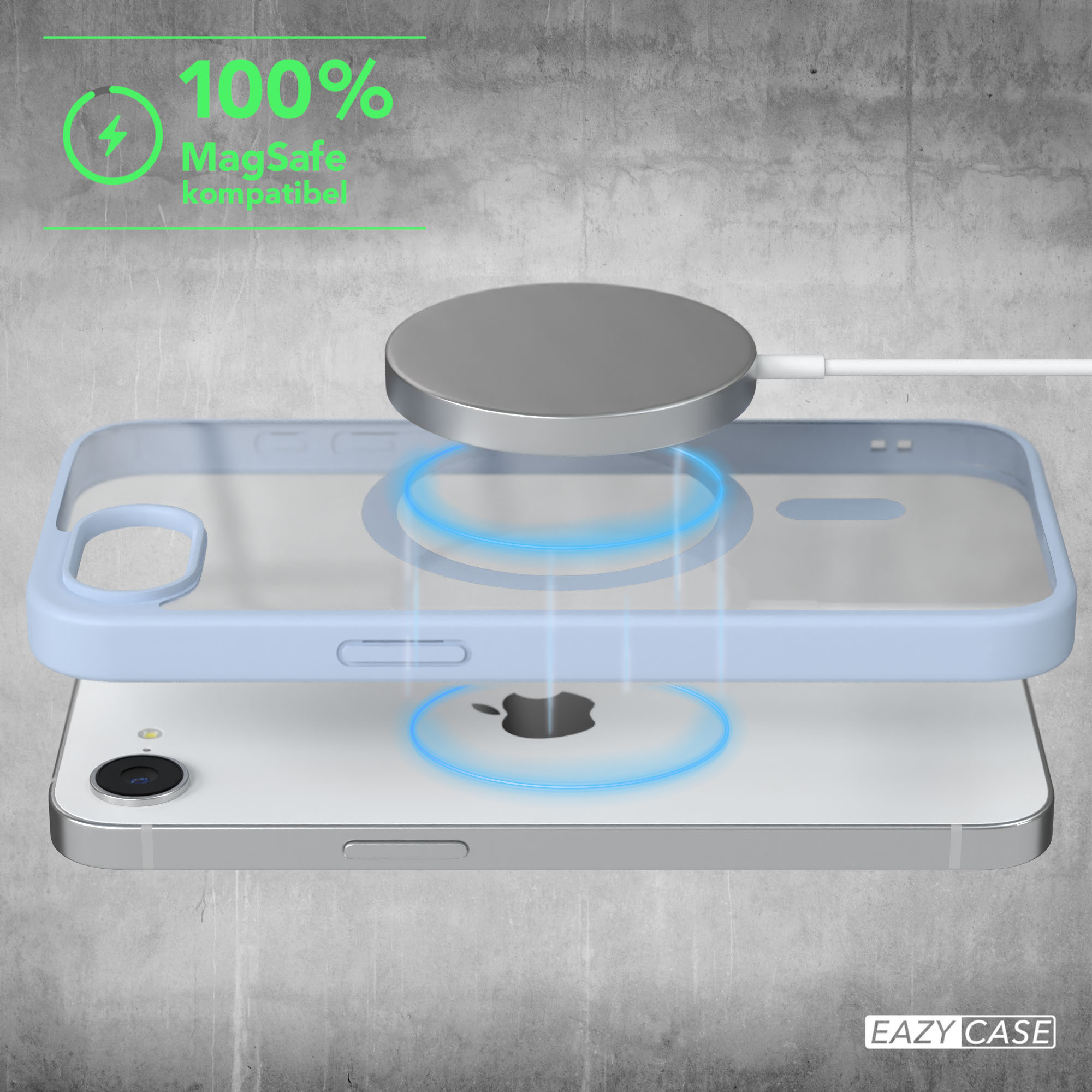 Telefon wird drahtlos auf einem Pad geladen, mit einer transparenten Hülle und einem MagSafe-Ladegerät.