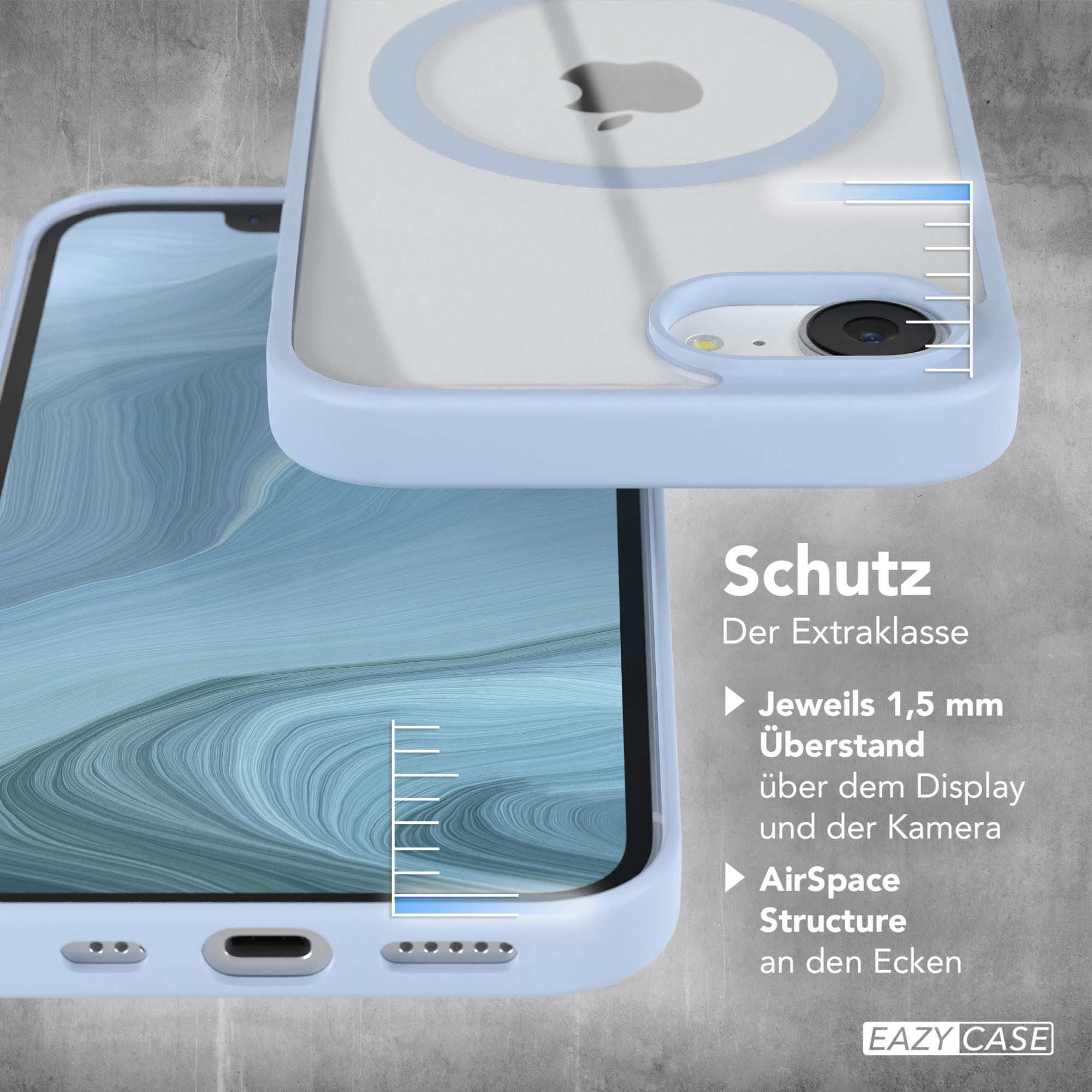 Telefon in blauem Gehäuse. Klare Rückseite mit Apple-Logo. Messungen zeigen Schutzdetails. Weißer Hintergrund.