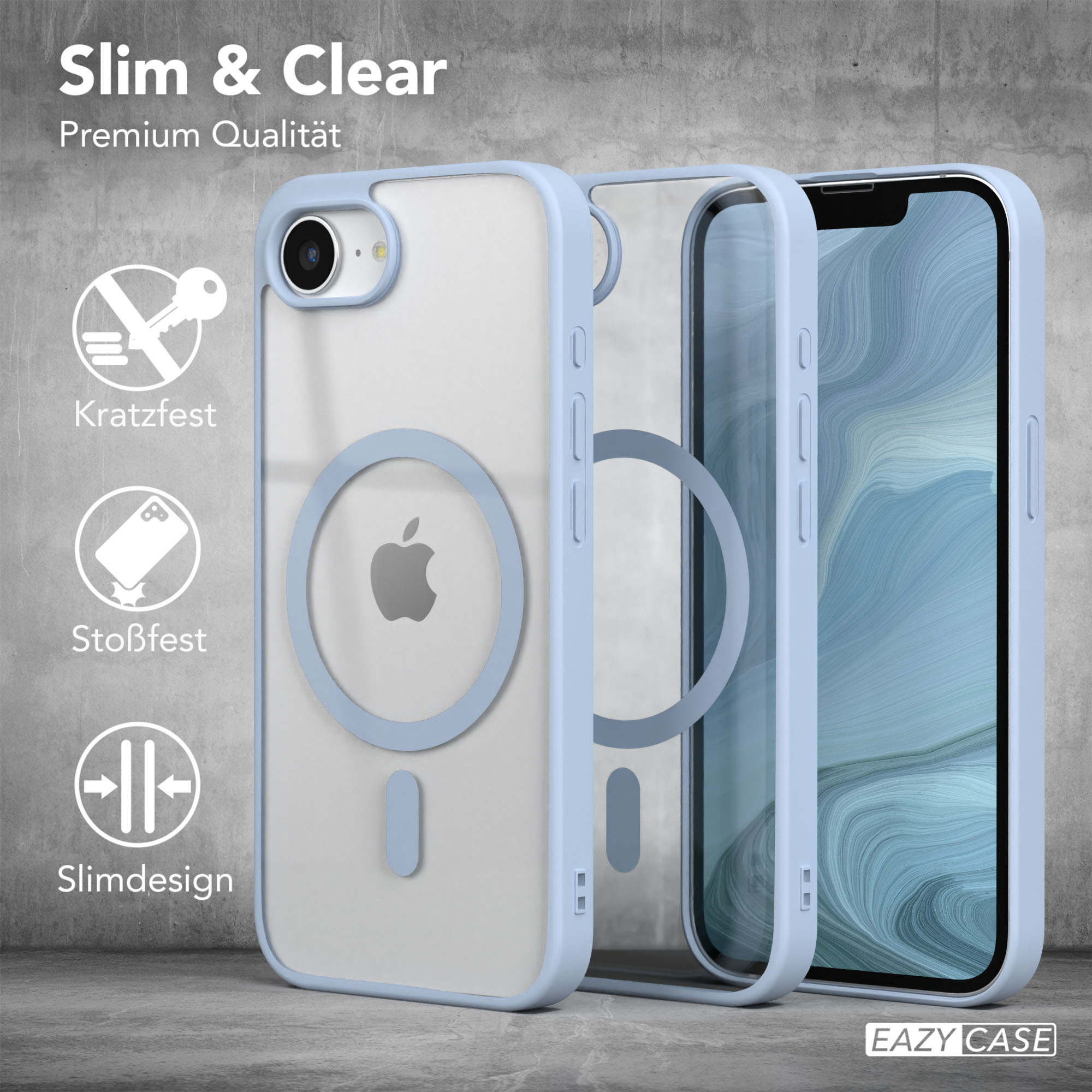 Transparente Handyhüllen. Die Hülle zeigt das Telefon im Inneren, und die Hüllen haben einen blauen Rand.
