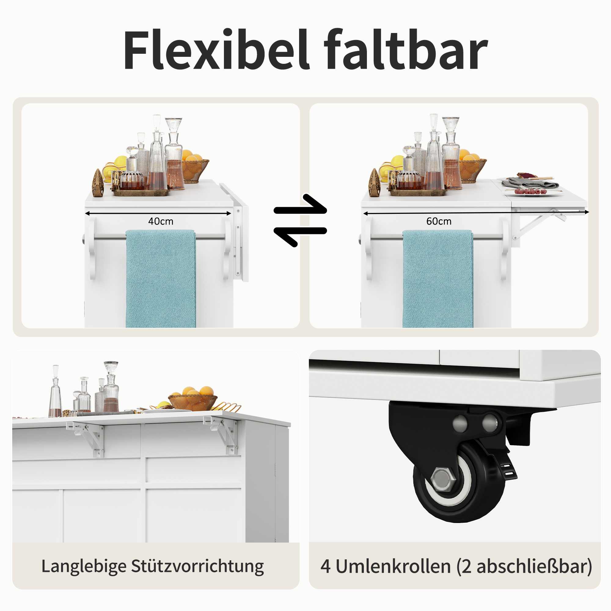 Eine weiße, faltbare Kücheninsel mit einer Arbeitsplatte, die sich von 40 cm auf 60 cm ausdehnt.