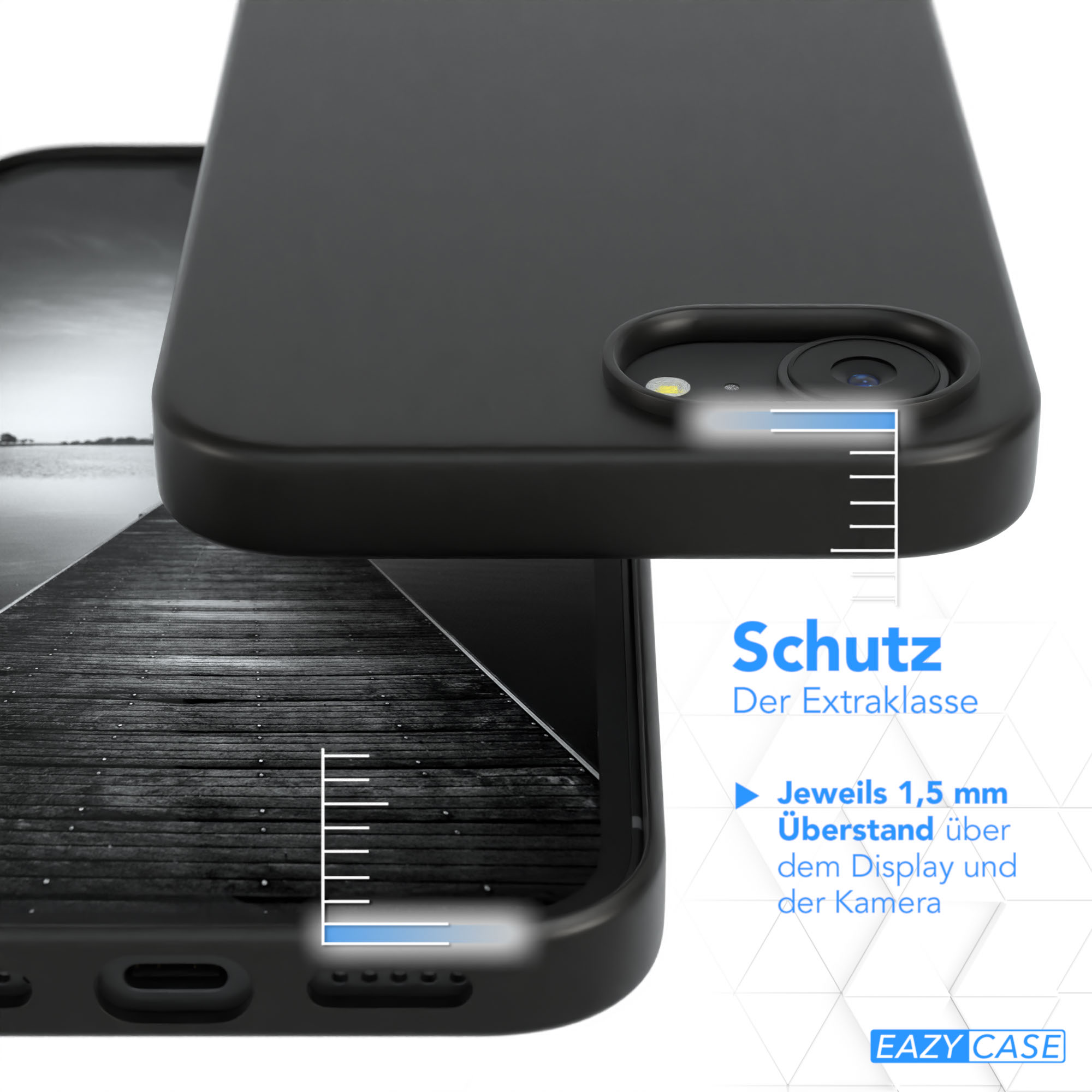 Schwarze Handyhülle über einem Telefon mit Text. Die Hülle ist über einem Steg.