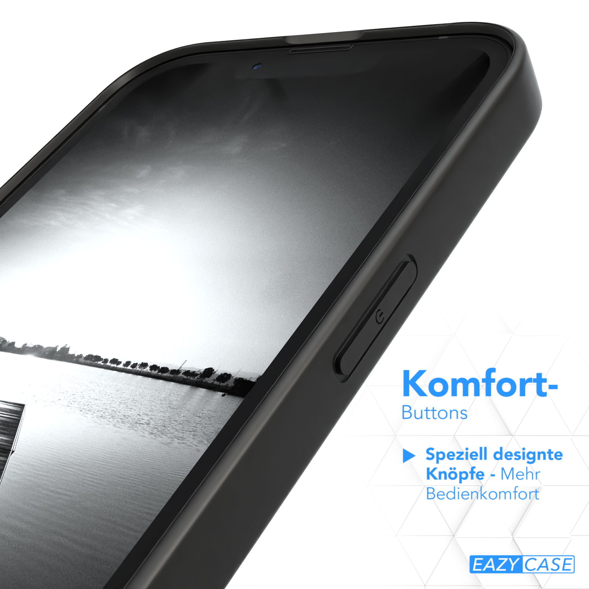 Nahaufnahme eines schwarzen Telefons mit gebogenem Bildschirm und schwarzem Gehäuse; Text 'Komfort-Buttons'.