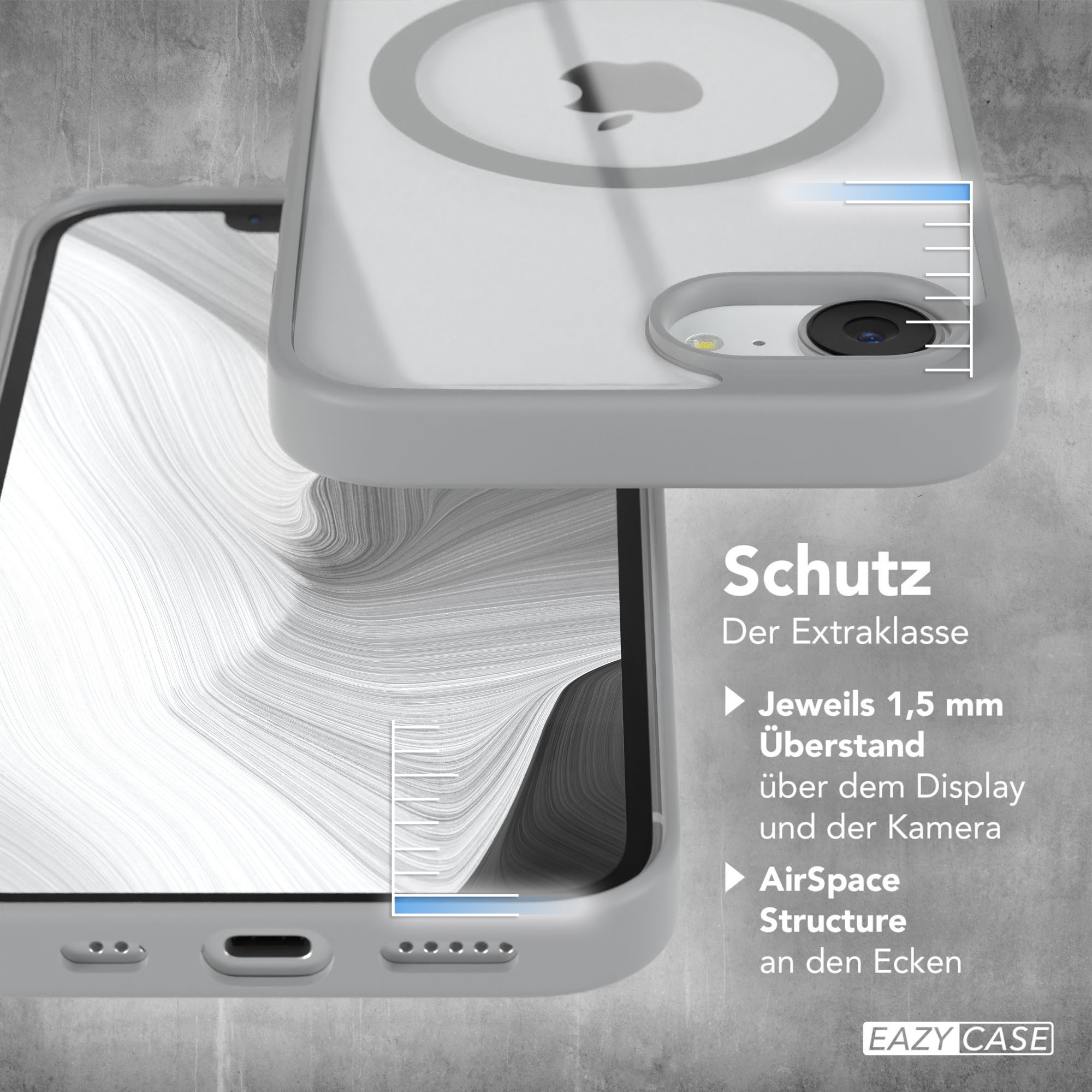 Transparente Handyhülle über einem Telefon. Text auf der rechten Seite des Bildes.