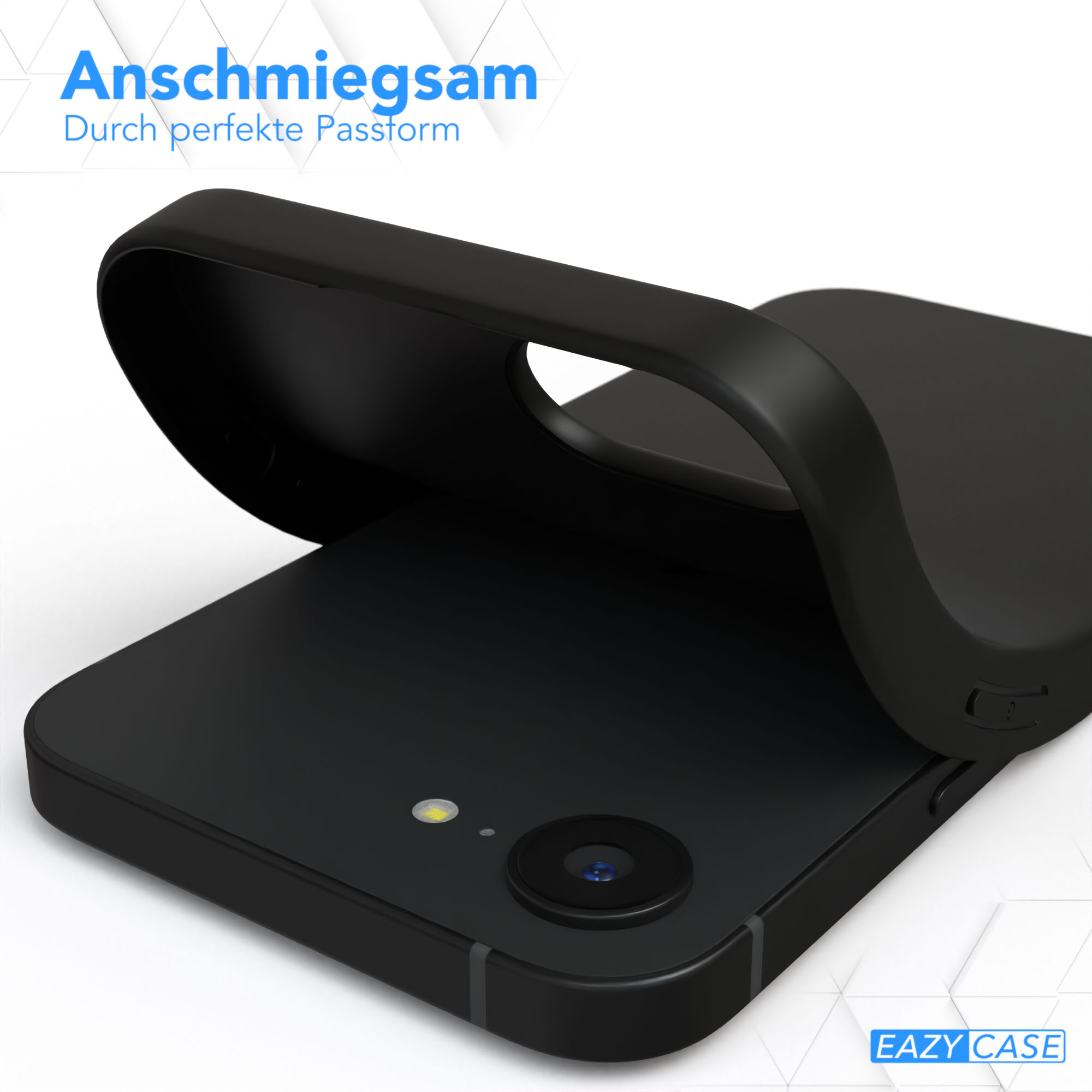 Schwarzes Telefon über einer schwarzen Handyhülle. Text auf der rechten Seite des Bildes.
