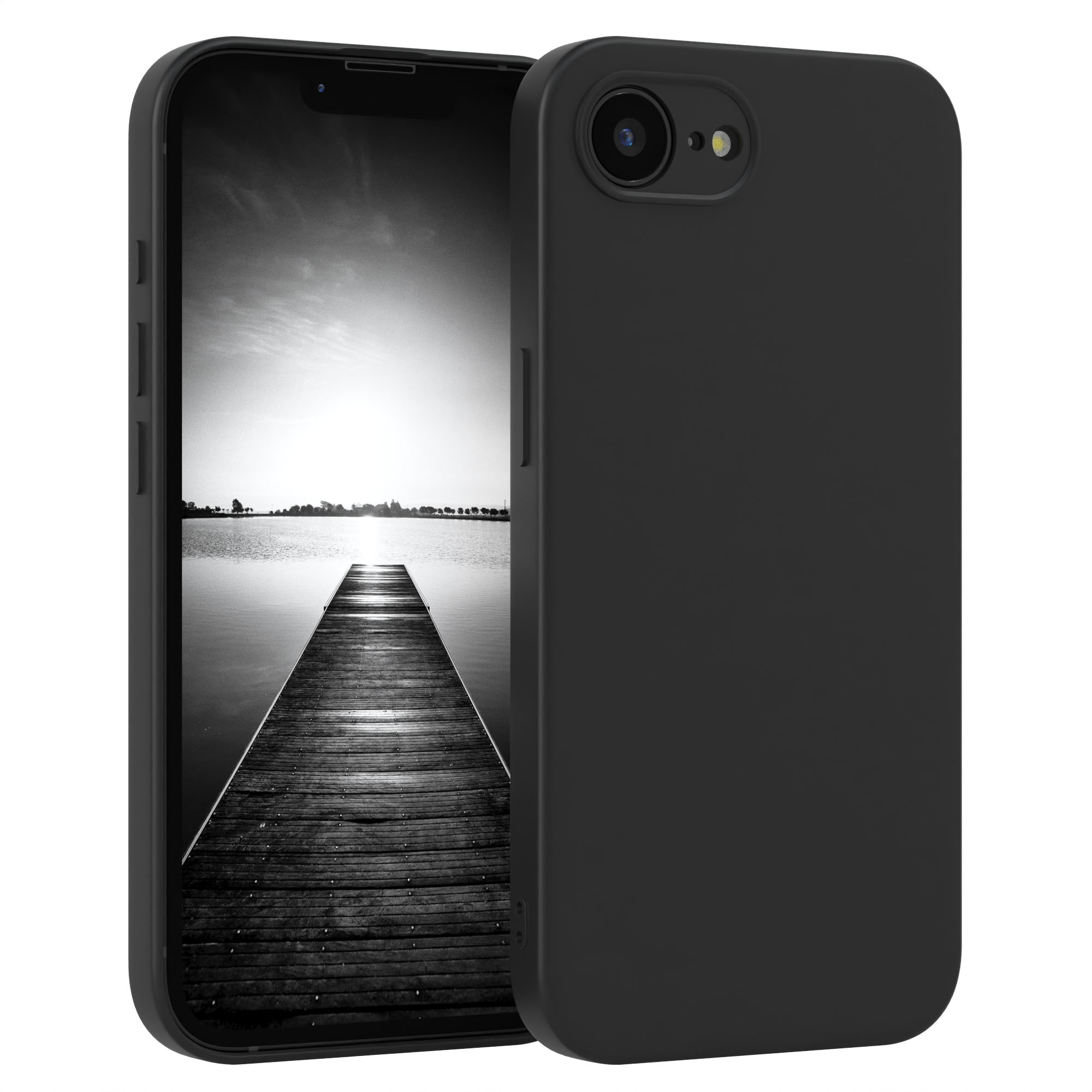 Schwarze Handyhülle über einem Telefon, mit einer Stegszene im Hintergrund.
