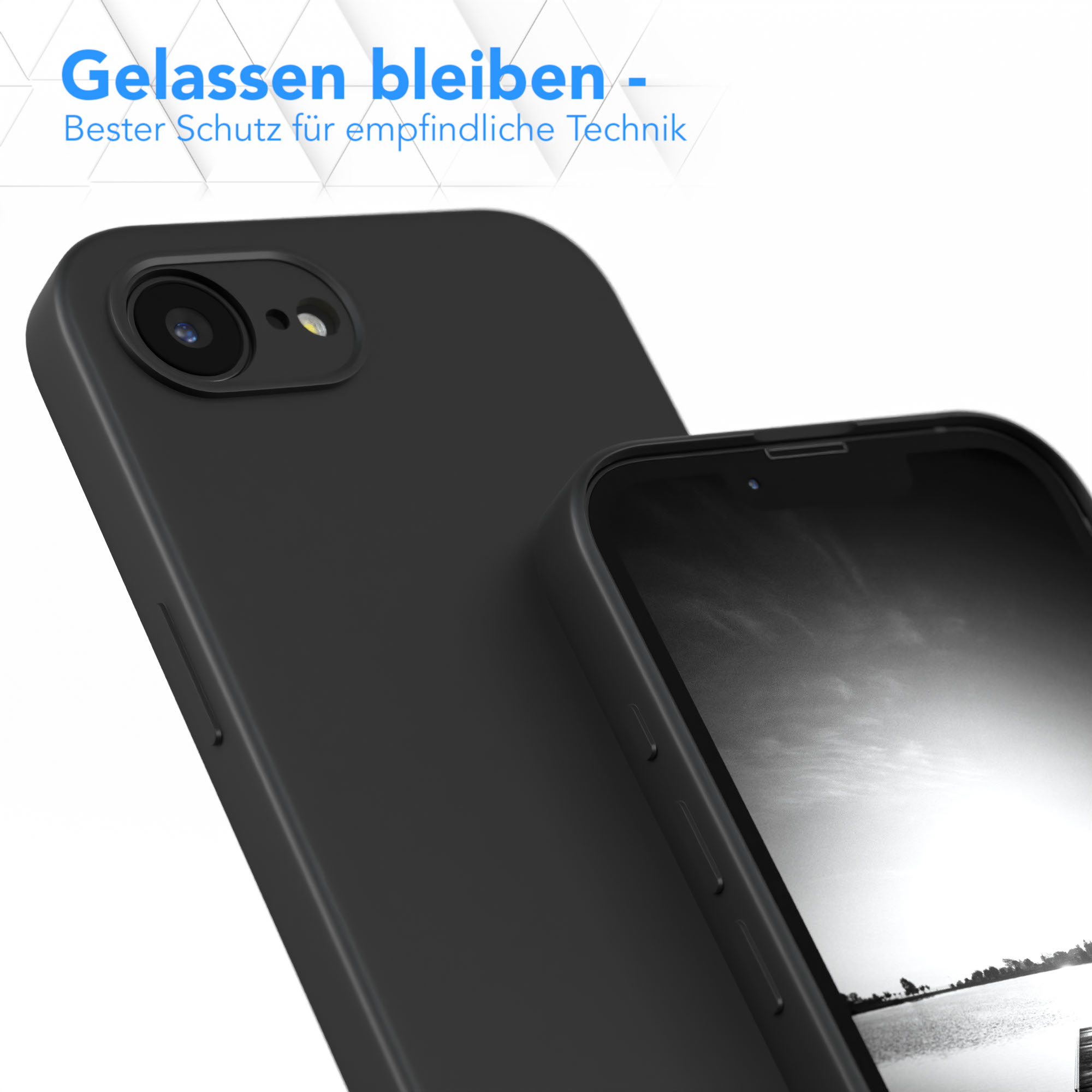 Schwarze Handyhülle neben einem Telefon. Text: Entspannt bleiben. Bester Schutz für empfindliche Technik.