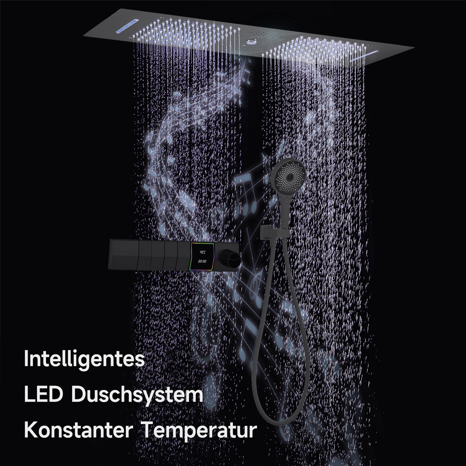 Ein schwarzes Duschsystem mit LED-Leuchten. Das System zeigt fließendes Wasser mit Musiknoten im Hintergrund.