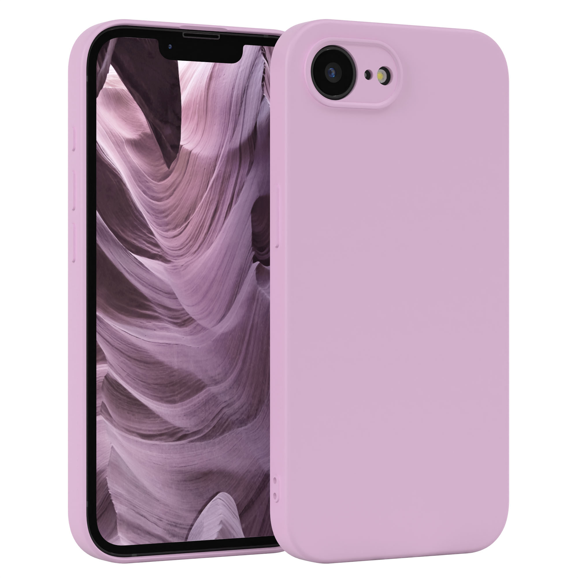 Rosa Handyhülle mit einem Telefon darin. Der Bildschirm zeigt eine Landschaft.