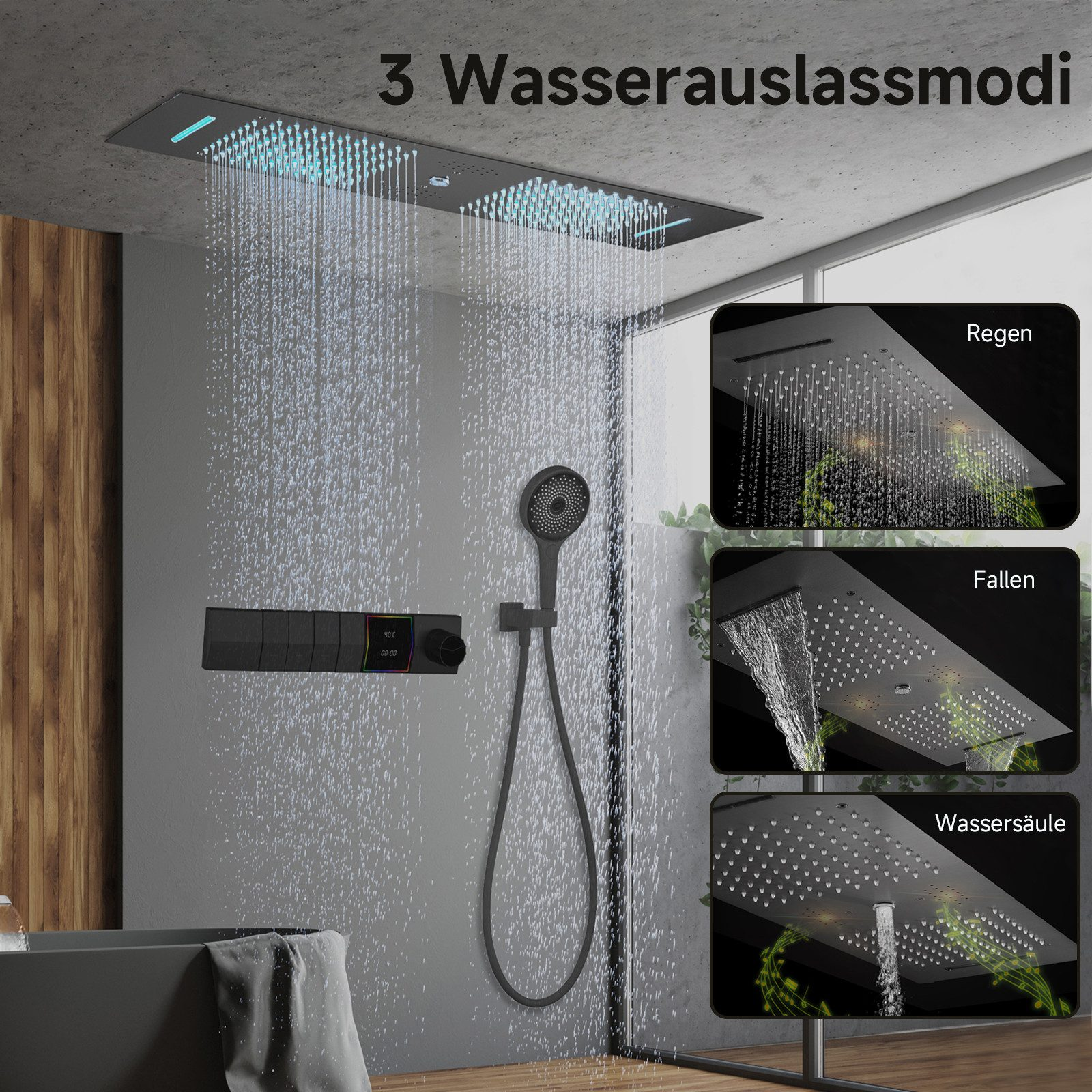 Ein modernes Duschsystem mit mehreren Wasserauslässen. Der Duschkopf hat drei verschiedene Sprüheinstellungen.