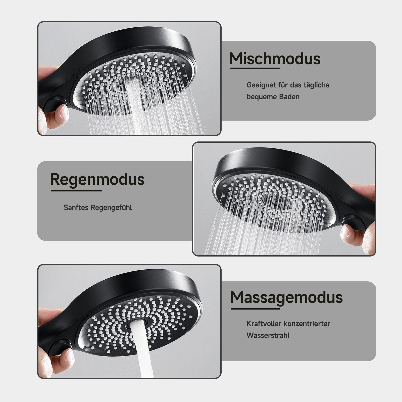 Duschköpfe mit drei verschiedenen Modi: Mix, Regen und Massage. Jeder Modus zeigt einen anderen Wasserspray.