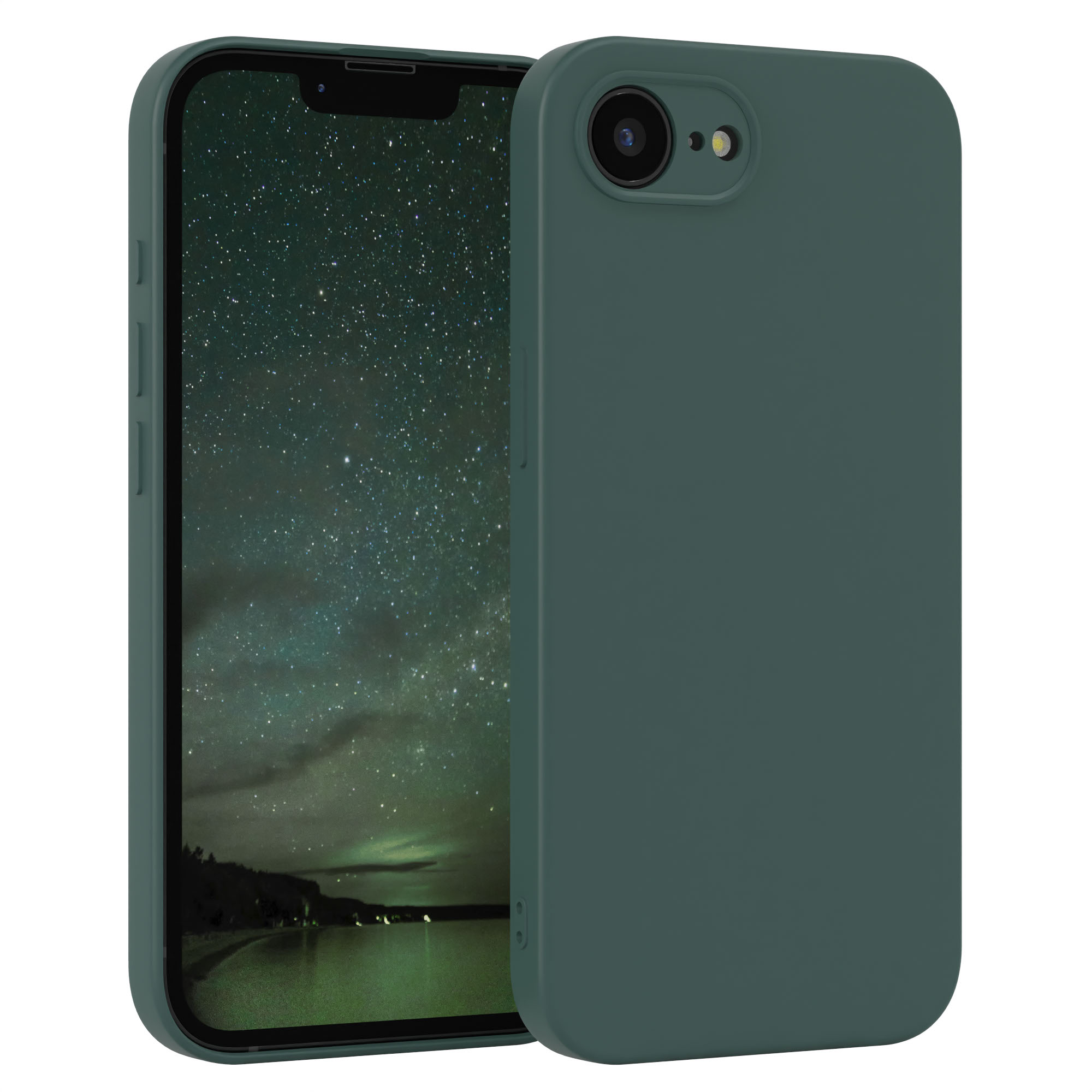Ein iPhone mit grüner Hülle. Die Rückseite des Telefons wird gezeigt, mit Kamera und Blitz sichtbar.