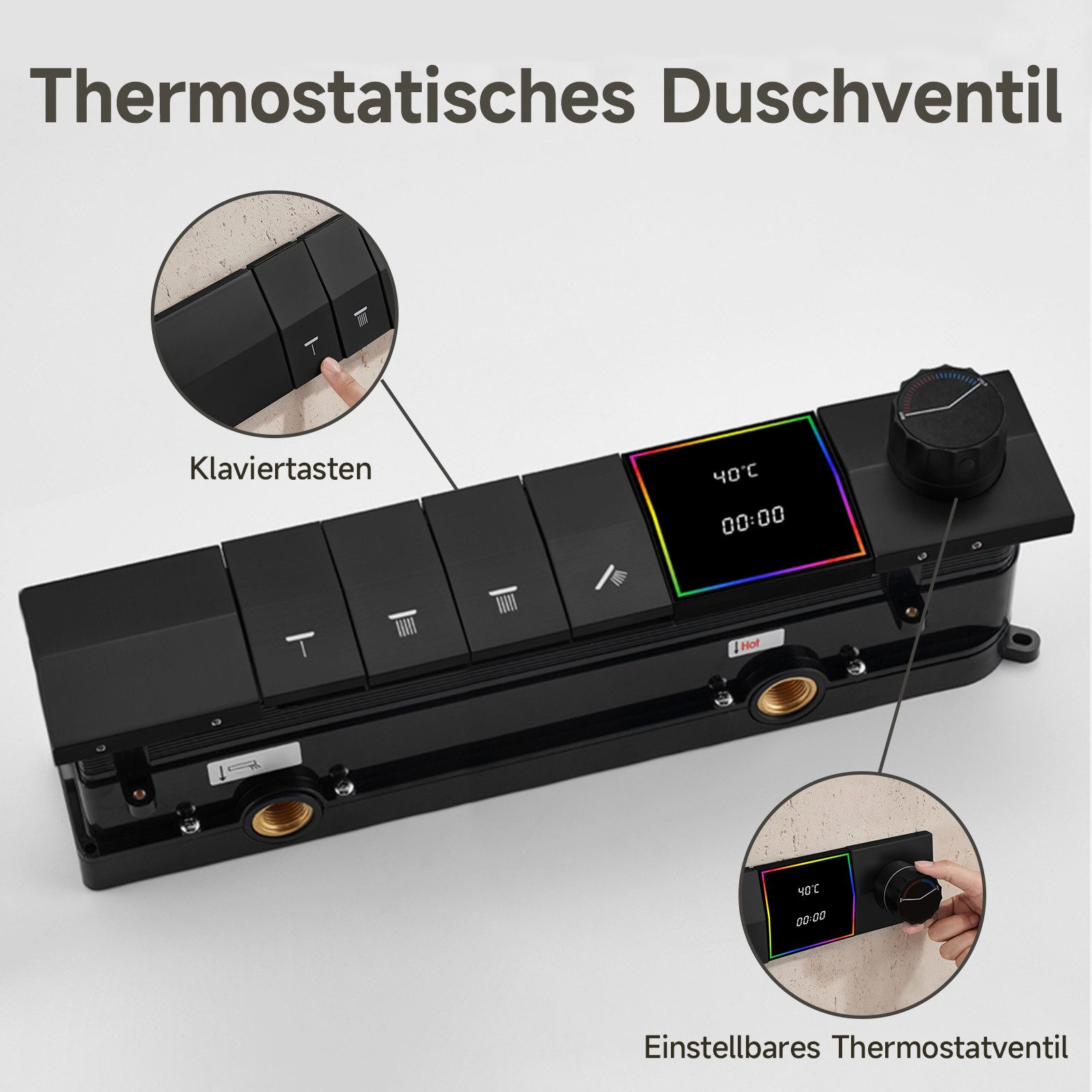 Schwarzes Duschbedienfeld mit kreisförmiger Anzeige, Knöpfen und Beschriftungen. Text: Thermostat-Duschventil.