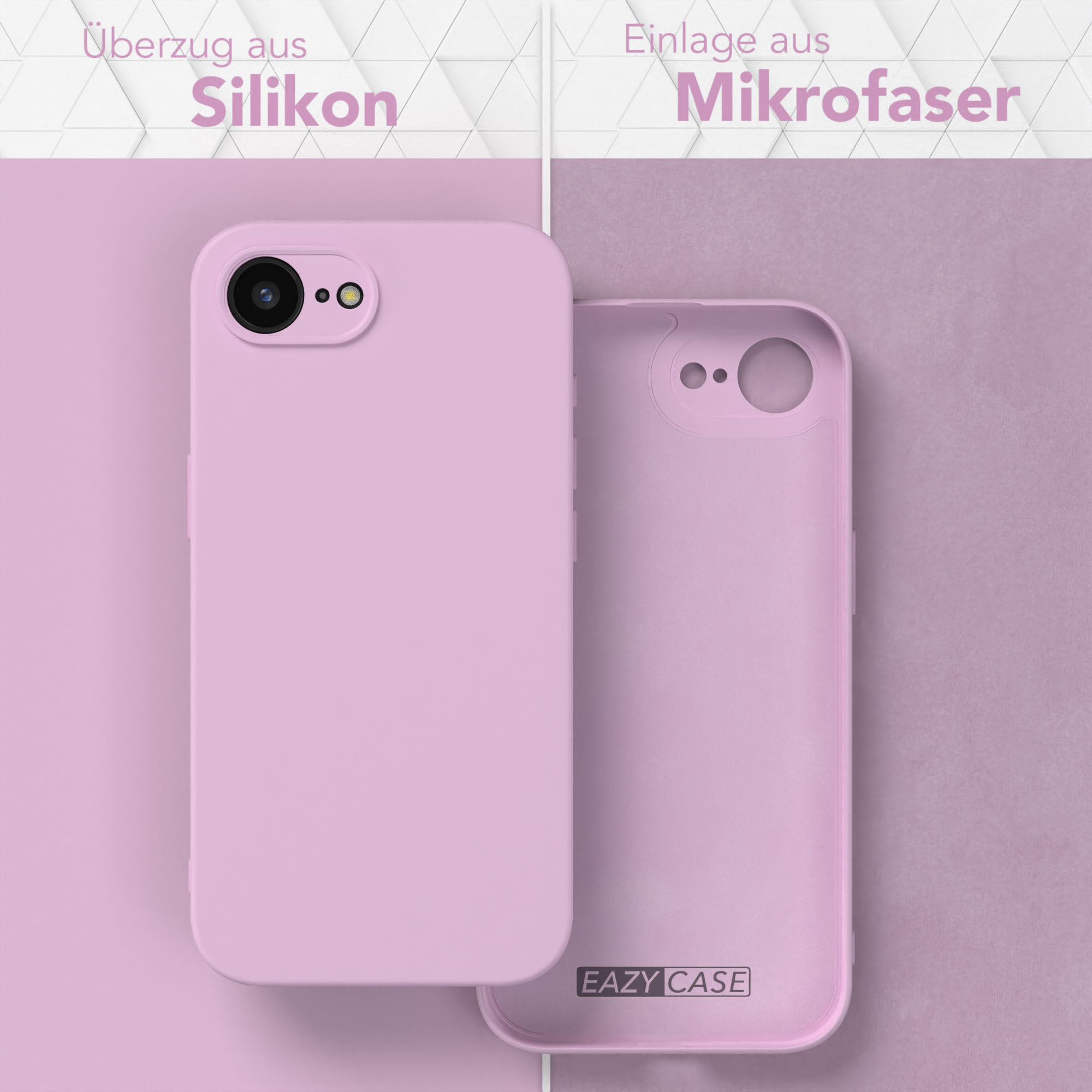 Eine Handyhülle mit rosa Silikonbezug und Mikrofaser-Einsatz. Die Hülle ist offen, der Einsatz ist sichtbar.