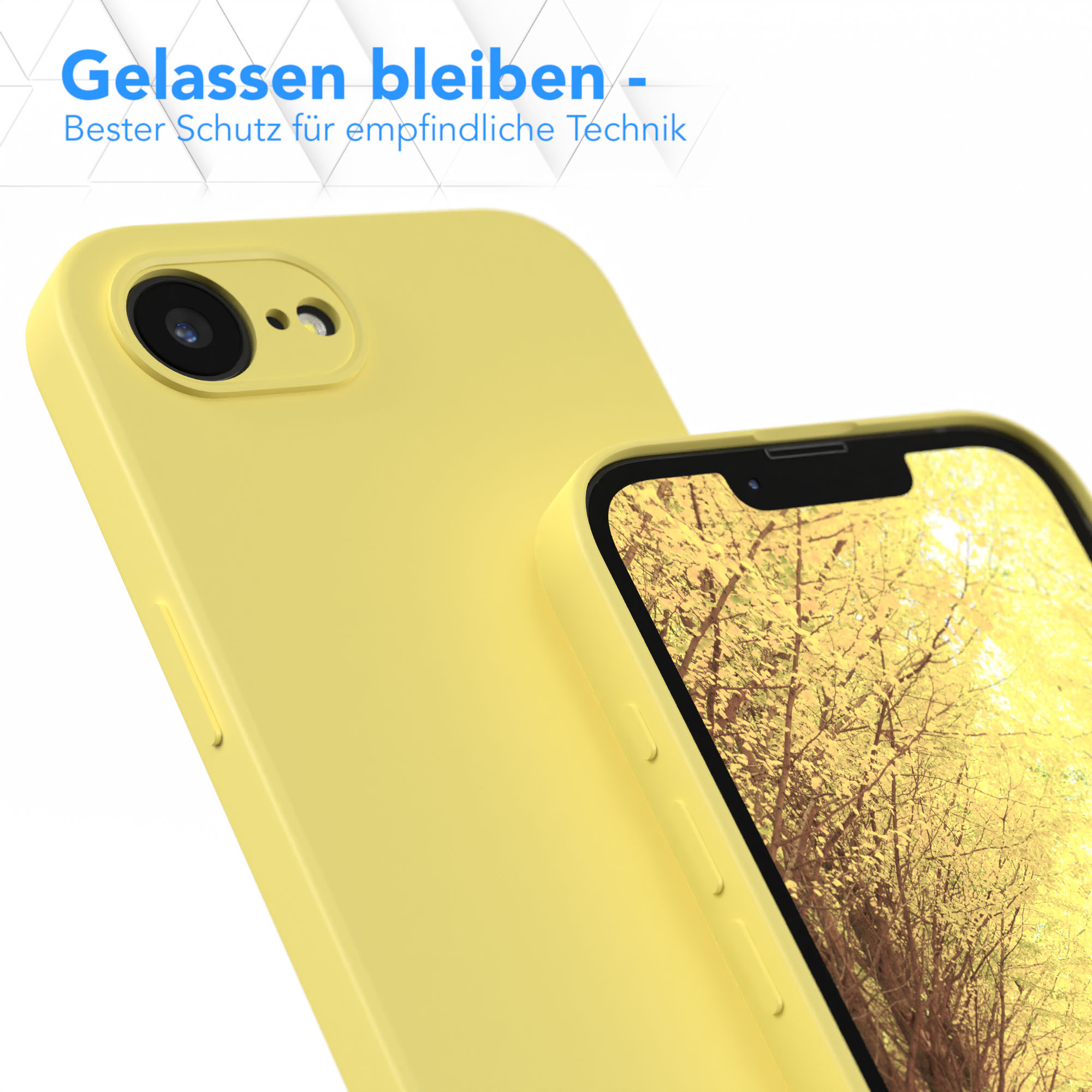Gelbe Handyhülle mit einem Telefon darin. Der Bildschirm zeigt eine Landschaft mit Bäumen und Himmel.