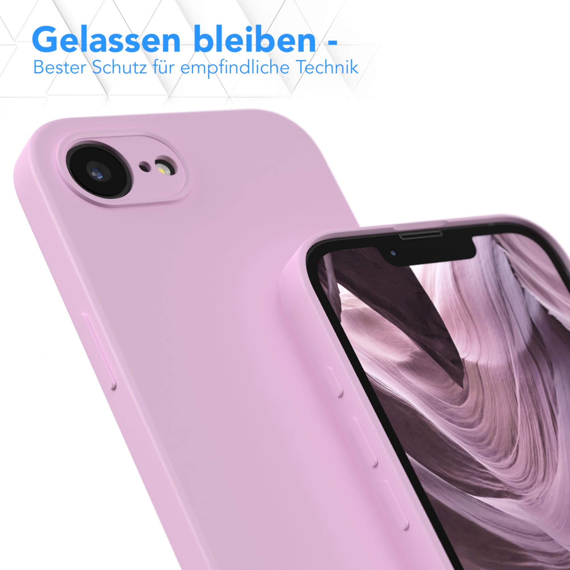 Nahaufnahme einer pinken Handyhülle. Die Handyhülle ist angewinkelt und zeigt die Seite mit dem Telefon darin.