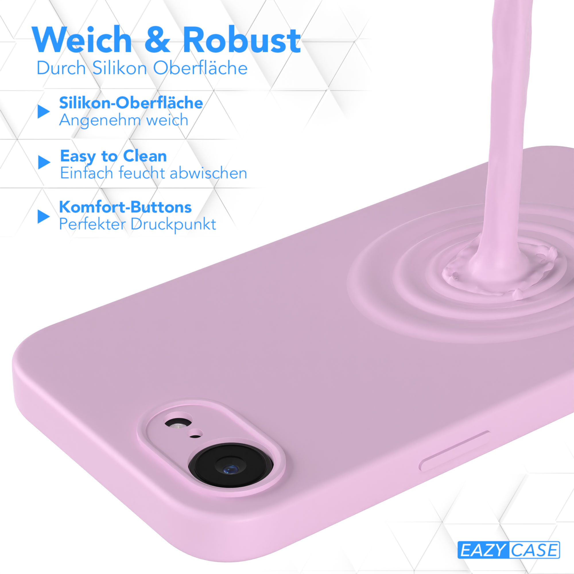 Rosa Handyhülle mit einem Telefon darin. Rosa Flüssigkeit fließt auf die Hülle, Text: Leicht zu reinigen.