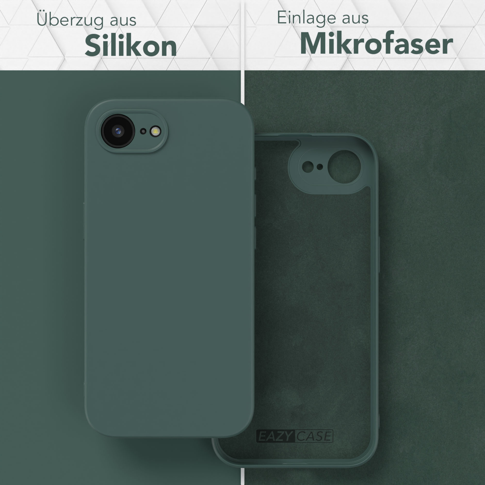 Ein iPhone mit grüner Hülle. Die Rückseite des Telefons wird gezeigt, mit Kamera und Blitz sichtbar.