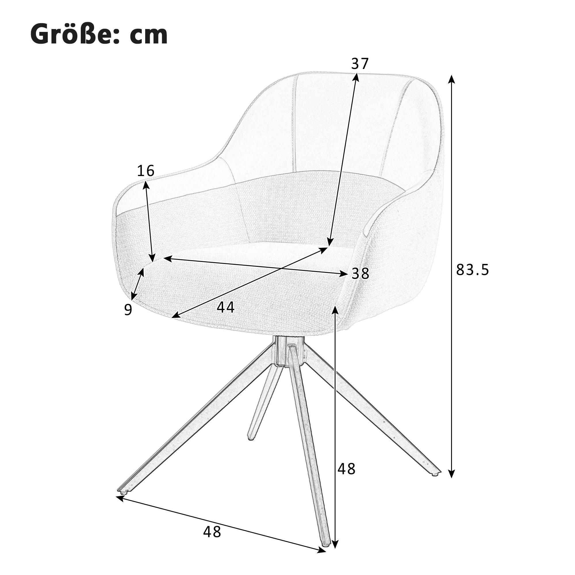 Ein Stuhl mit Maßangaben. Der Stuhl ist weiß mit grauem Sitz und silbernem Gestell. Der Hintergrund ist weiß.