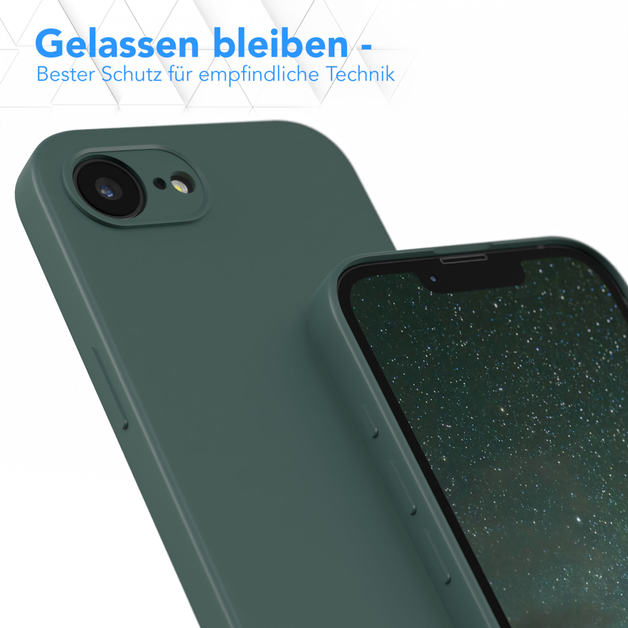 Nahaufnahme einer dunkelgrünen Handyhülle mit einem Telefon darin.