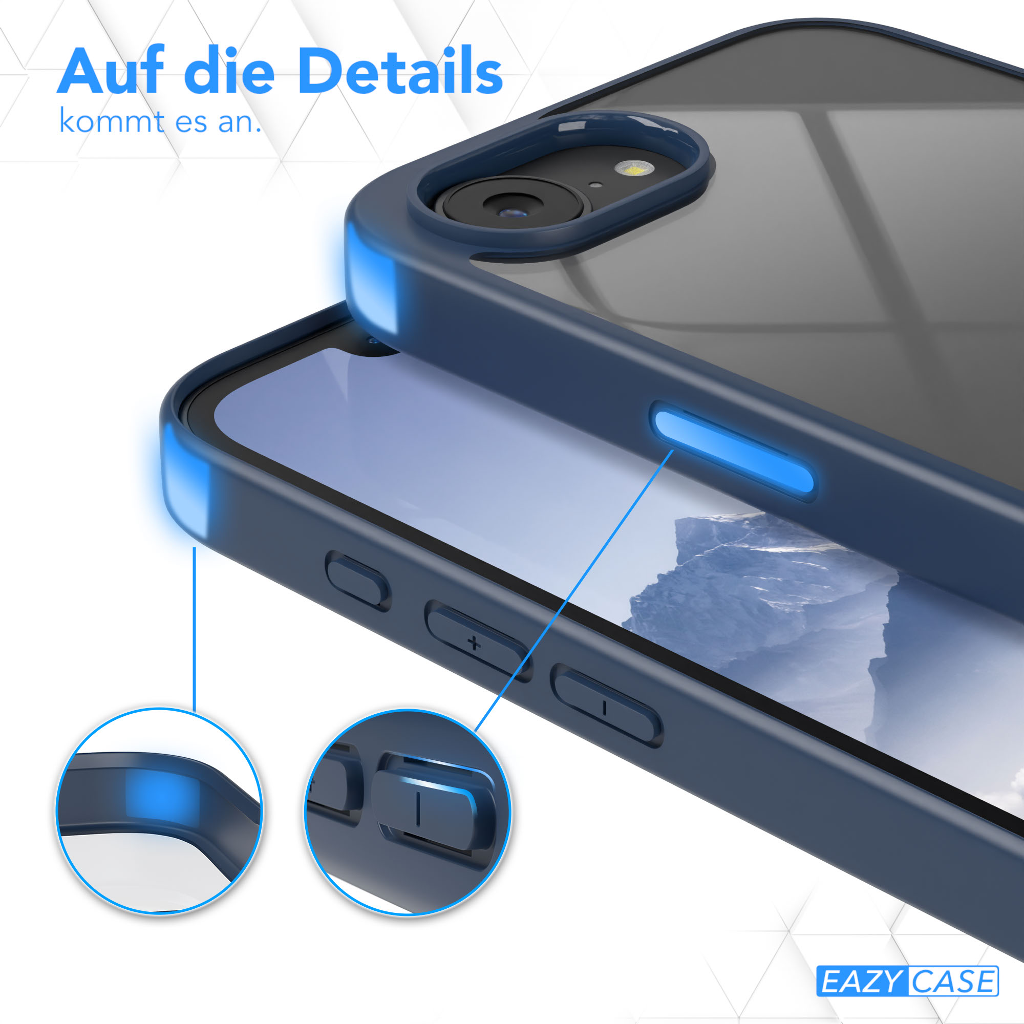 Ein Telefon in einer dunkelblauen Hülle, wobei die Details der Tasten hervorgehoben werden.
