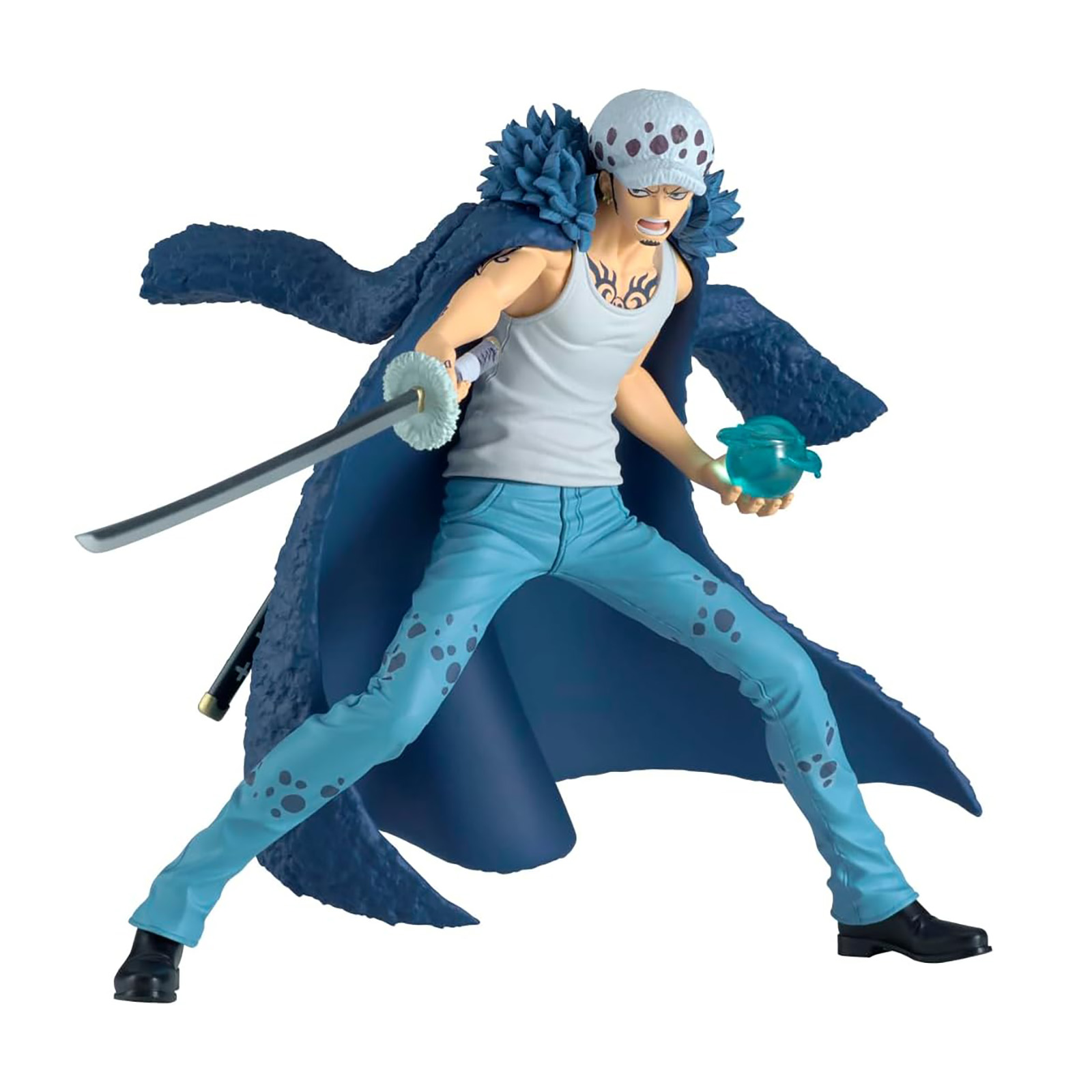 Anime-Figur eines Mannes mit Schwert und blauem Orb, der einen langen Mantel trägt.