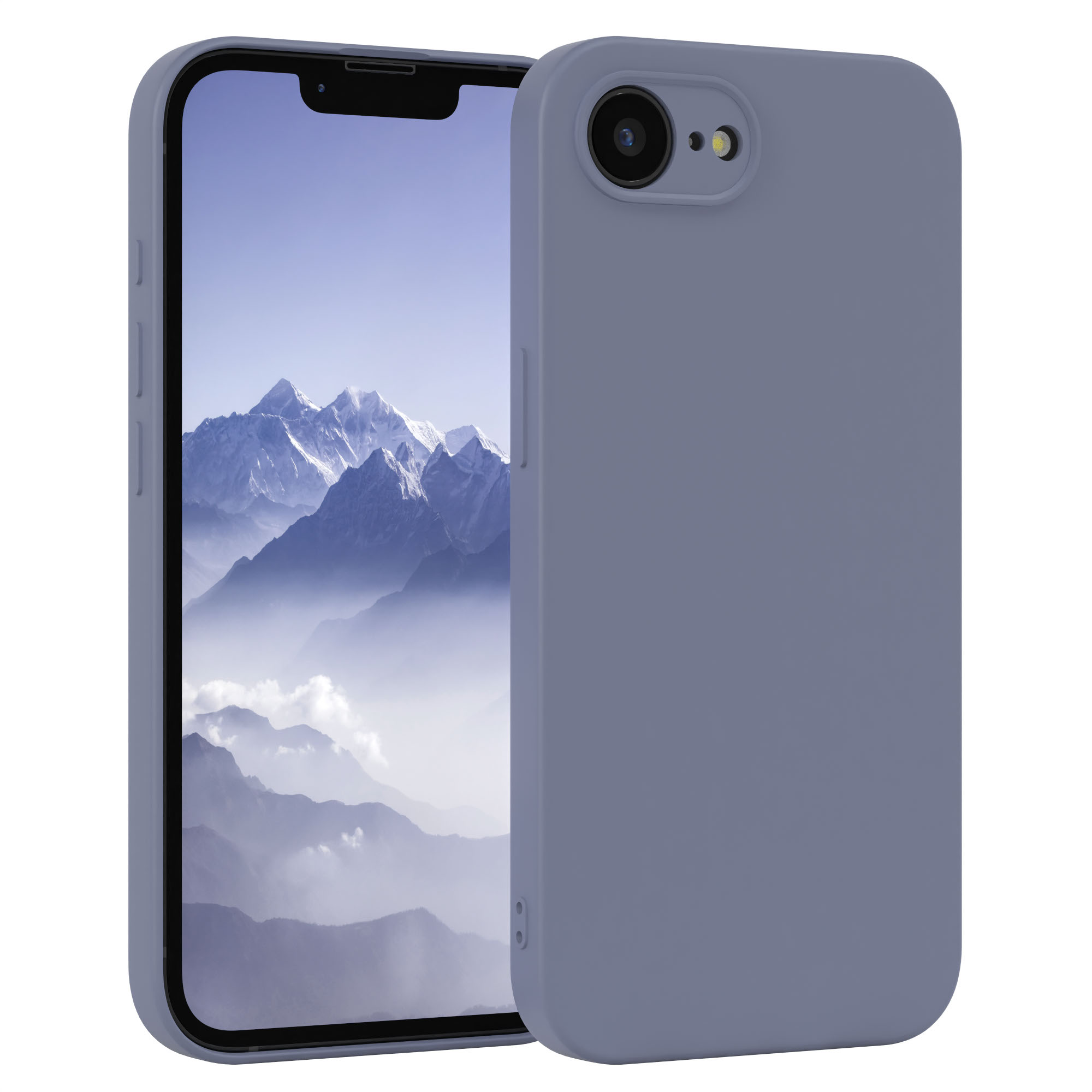 Eine hellblaue Handyhülle auf einem Handy. Das Handy zeigt eine Bergkette auf dem Bildschirm.