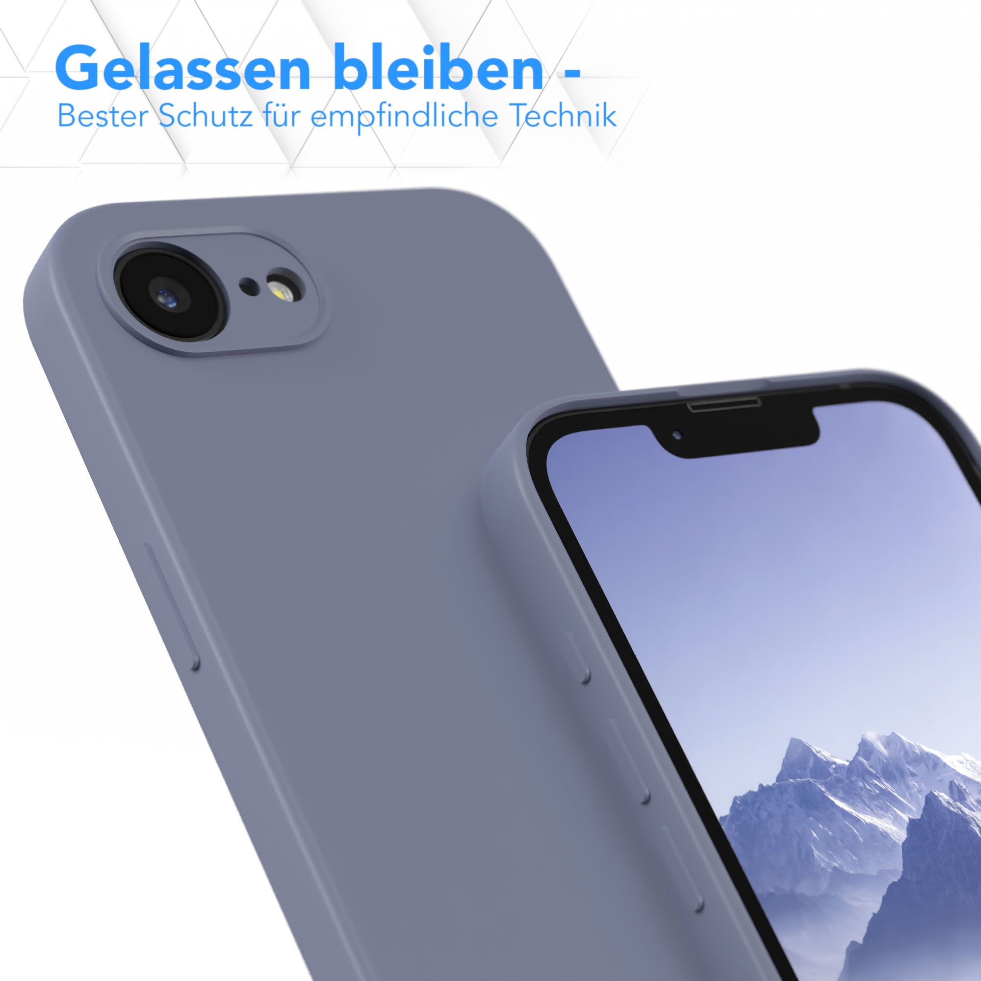 Eine hellblaue Handyhülle auf einem Handy, und der Bildschirm zeigt eine Bergkette im Hintergrund.
