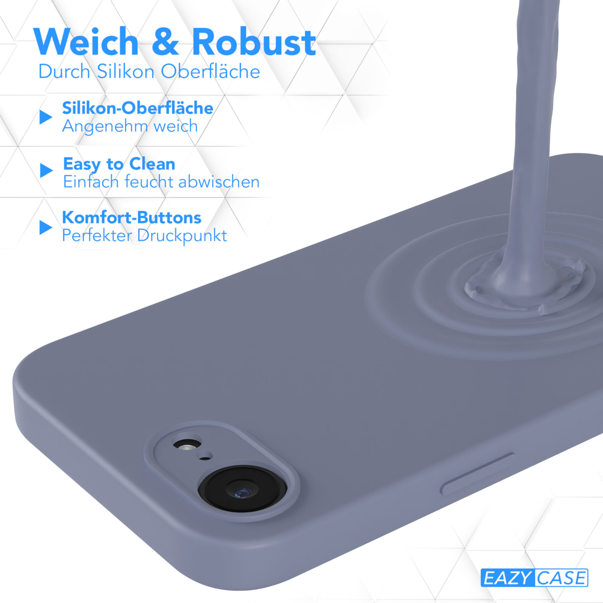 Nahaufnahme einer blauen Handyhülle, Silikonoberfläche und einem flüssigkeitsartigen Design.