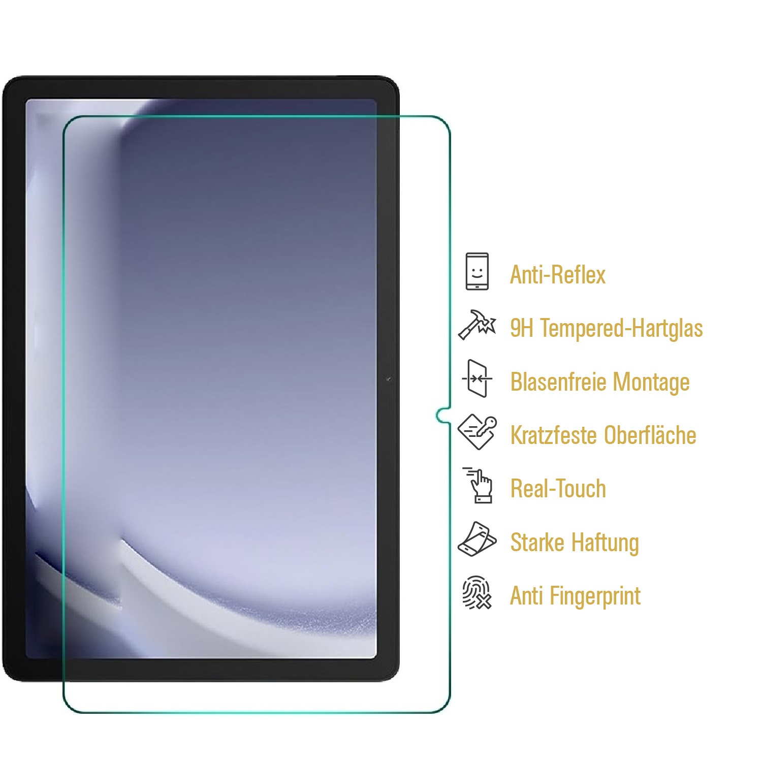 Tabletschutzfolie, Merkmale sind Anti-Reflex, Real-Touch und Anti-Fingerprint.