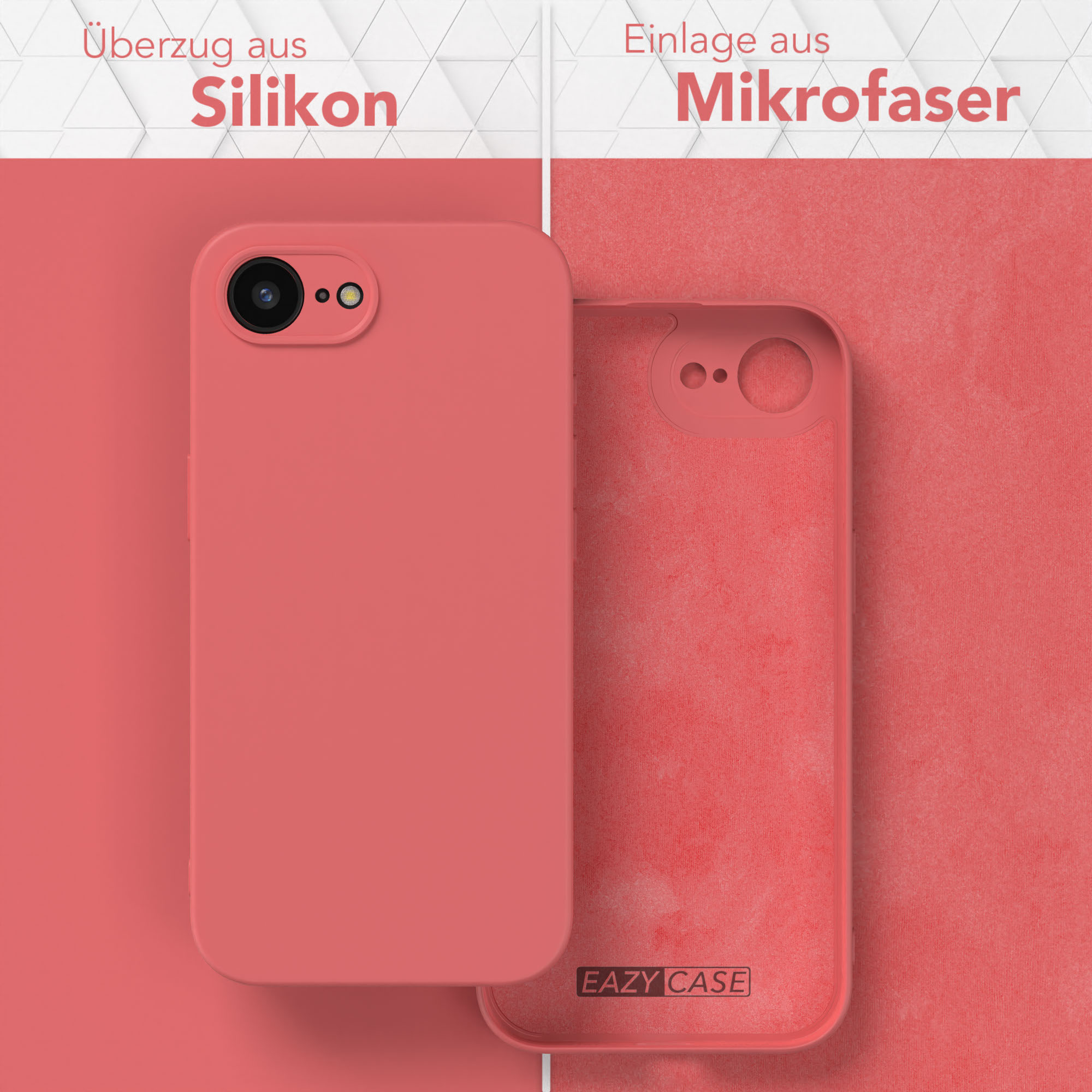 Handyhülle mit rosa Außen- und rosa Mikrofaser-Innen, zeigt die Details der Hülle.