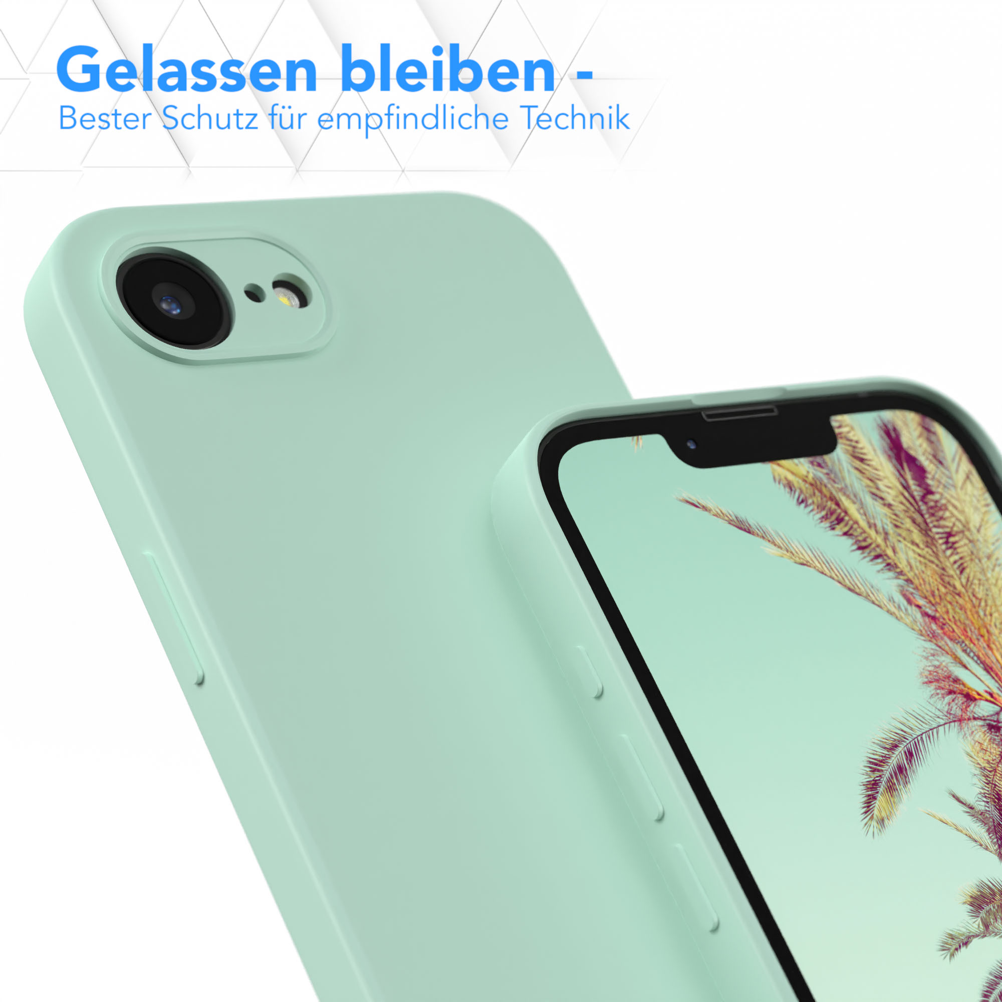 Eine mintfarbene Handyhülle mit Telefon, Fokus auf Schutz.