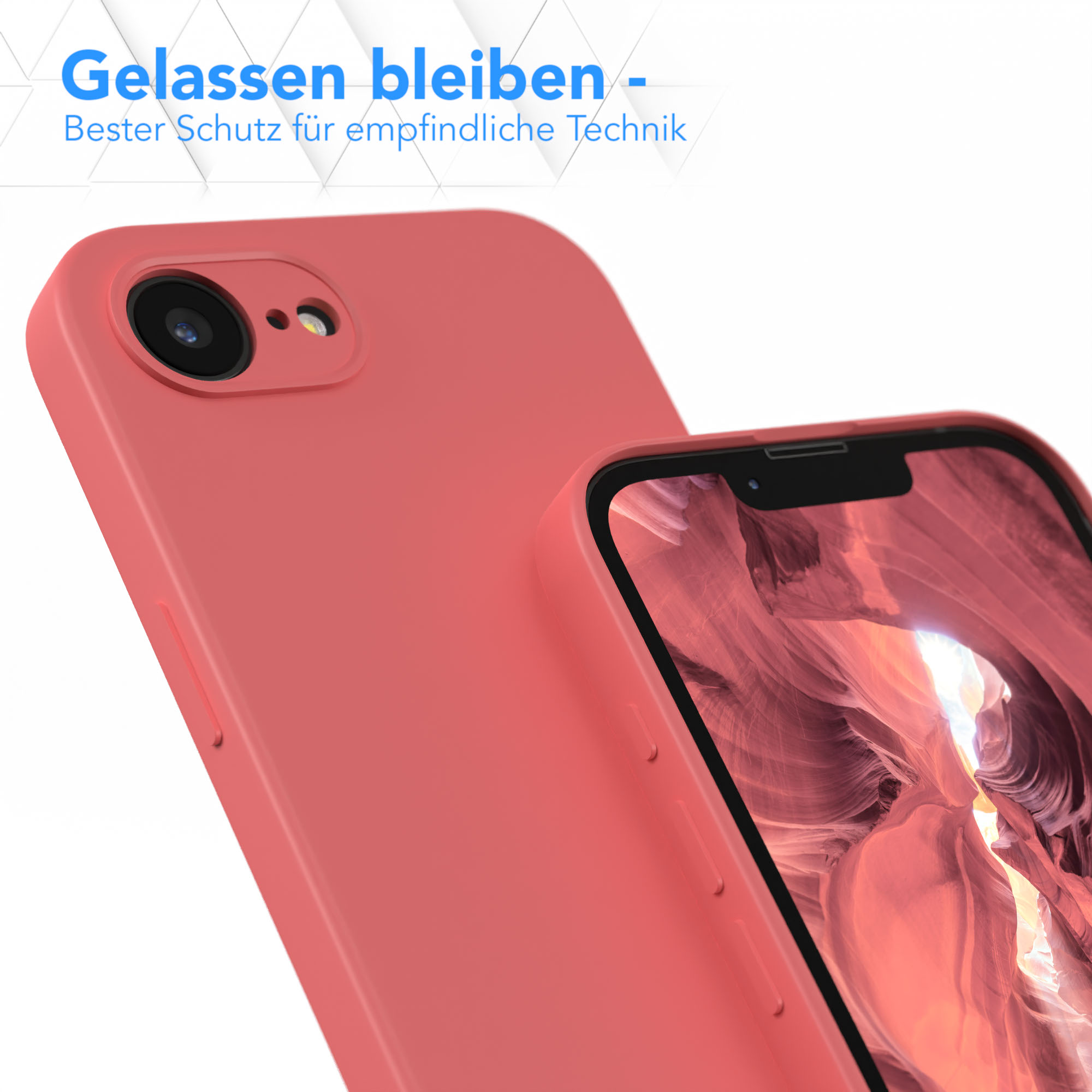 Eine korallenfarbene Handyhülle auf einem Handy, das eine Landschaft mit einem Canyon zeigt.