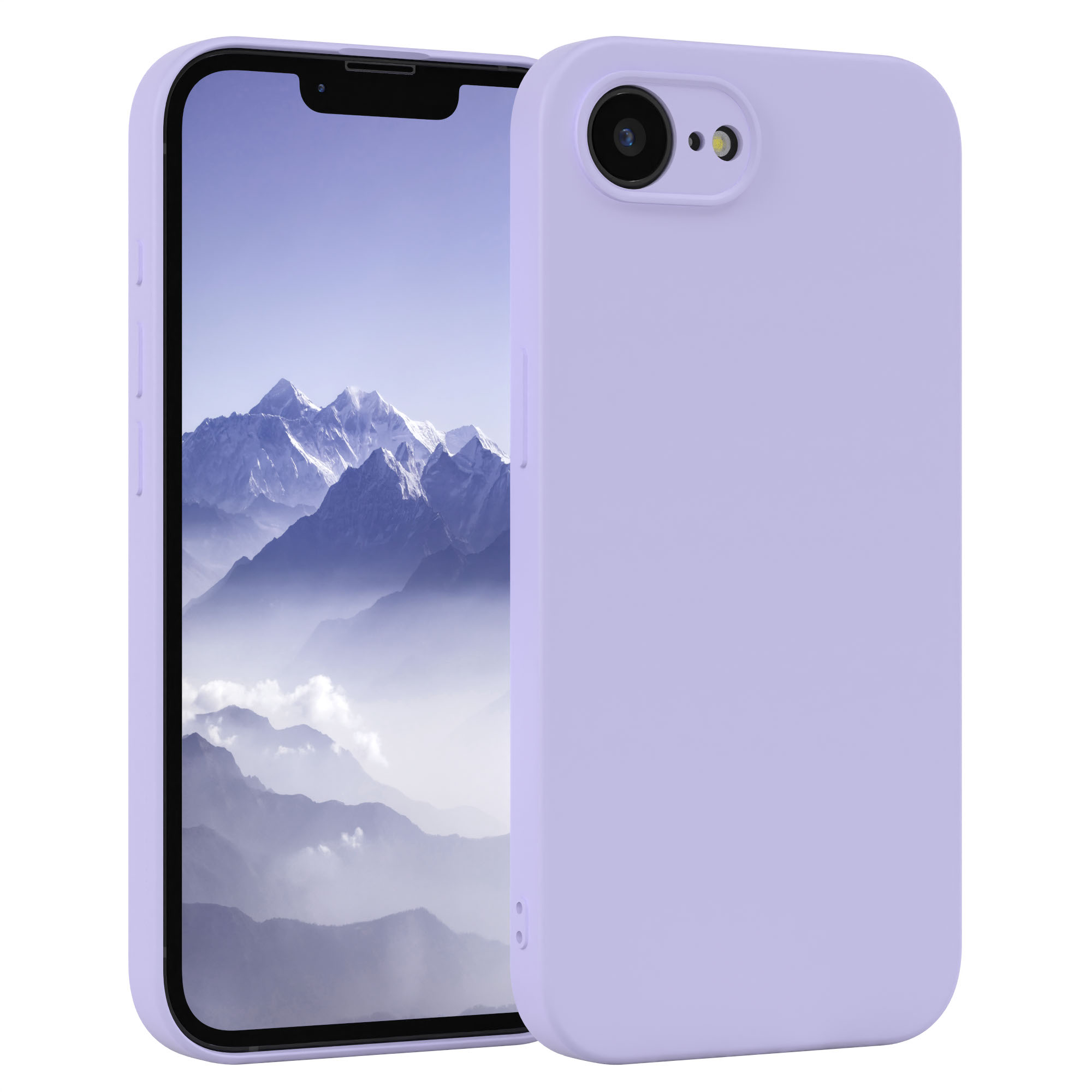 Lila Handyhülle mit Telefon, das eine Strandszene zeigt.