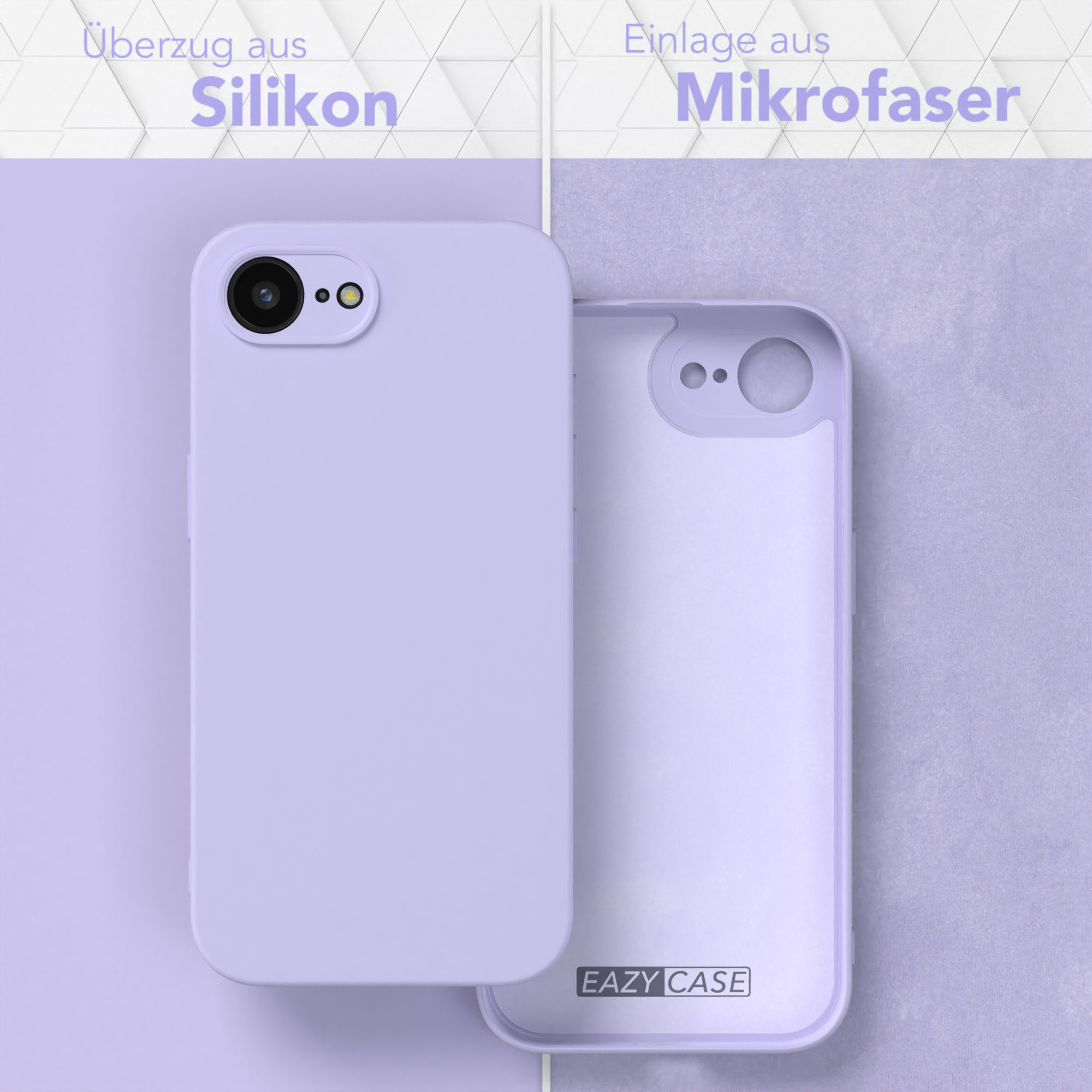 Lila Handyhülle und innerer Mikrofaserteil. Text: Silikon und Mikrofaser.
