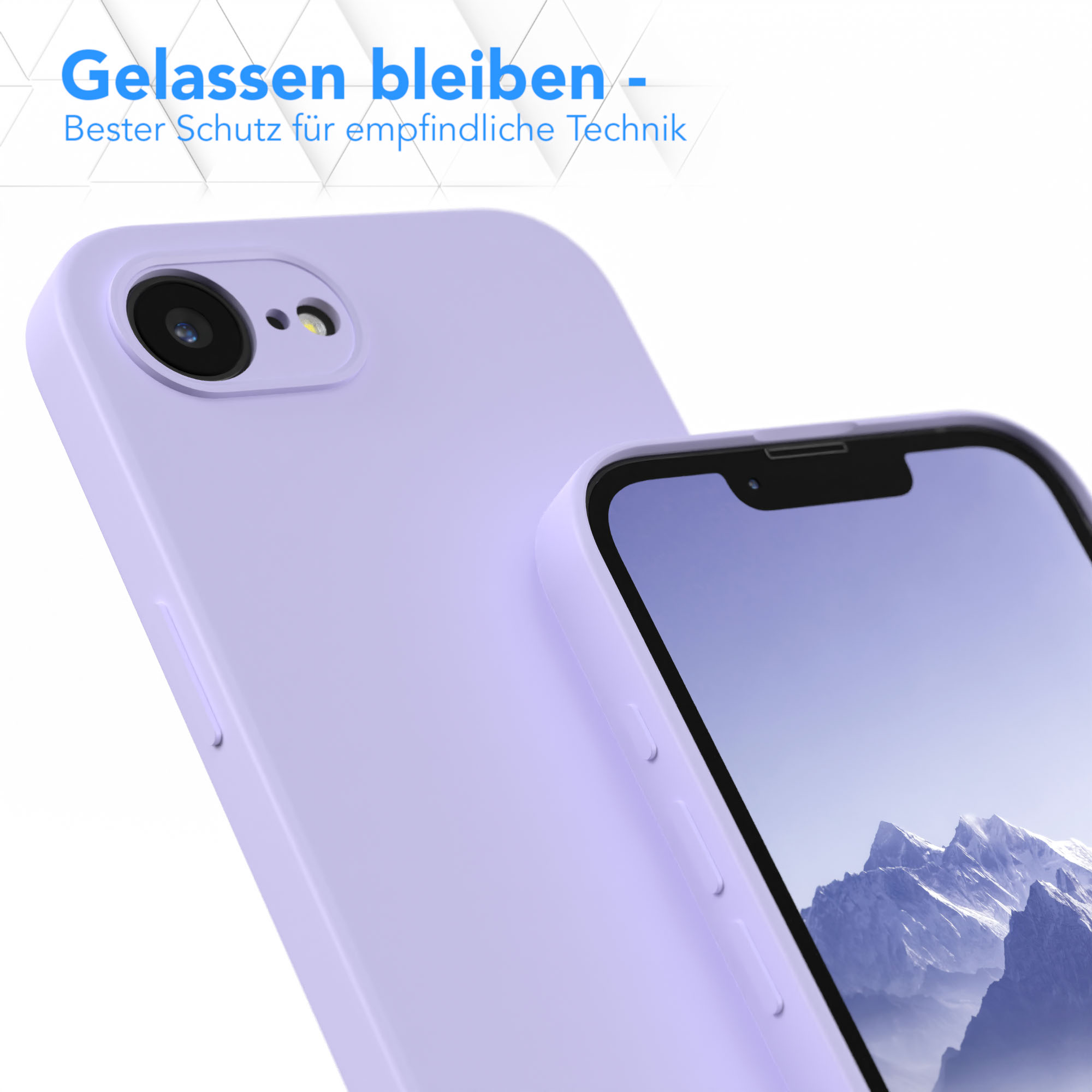 Lila Handyhülle mit Telefon darin. Text: Bleib gelassen, bester Schutz.