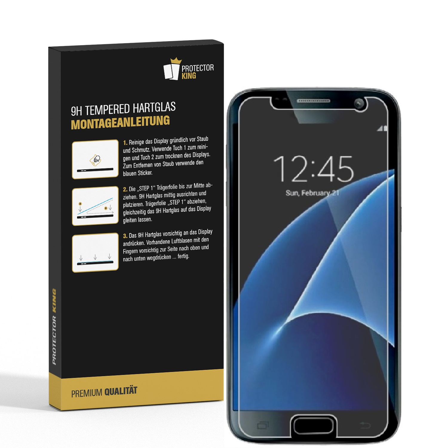 Telefon mit Displayschutzfolie und Box, mit Anweisungen. Text und Diagramme sind sichtbar.