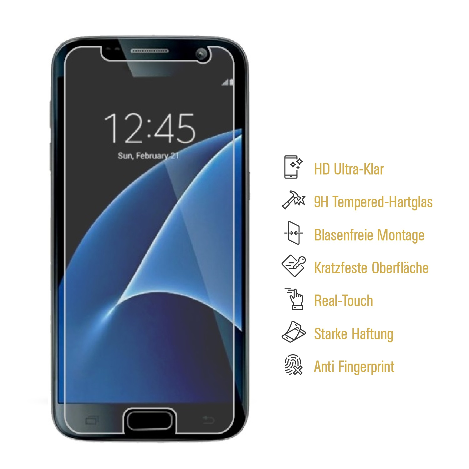 Schwarzes Telefon mit Displayschutz. Text: HD Ultra-Clear, 9H gehärtetes Glas usw.