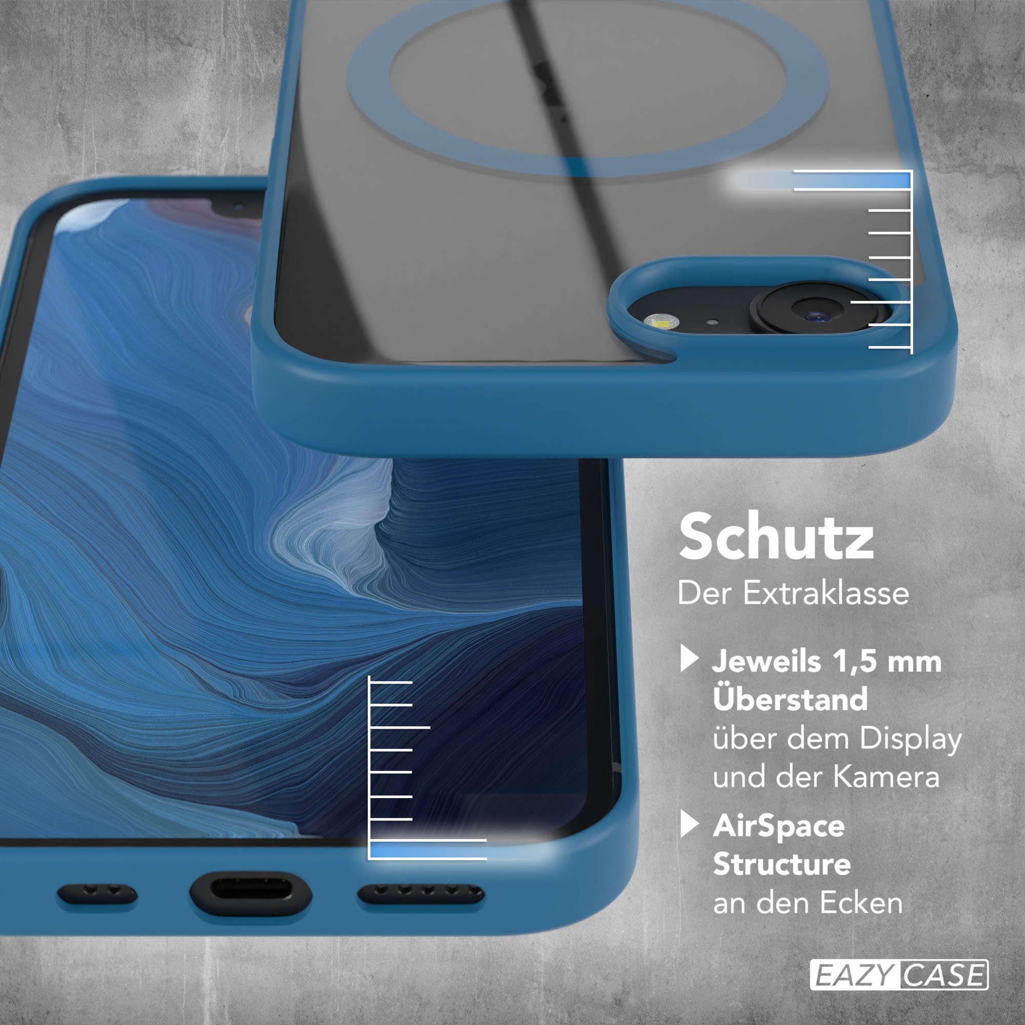 Blaue Handyhülle Nahaufnahme. Text: Schutz. 1,5 mm über Display/Kamera.