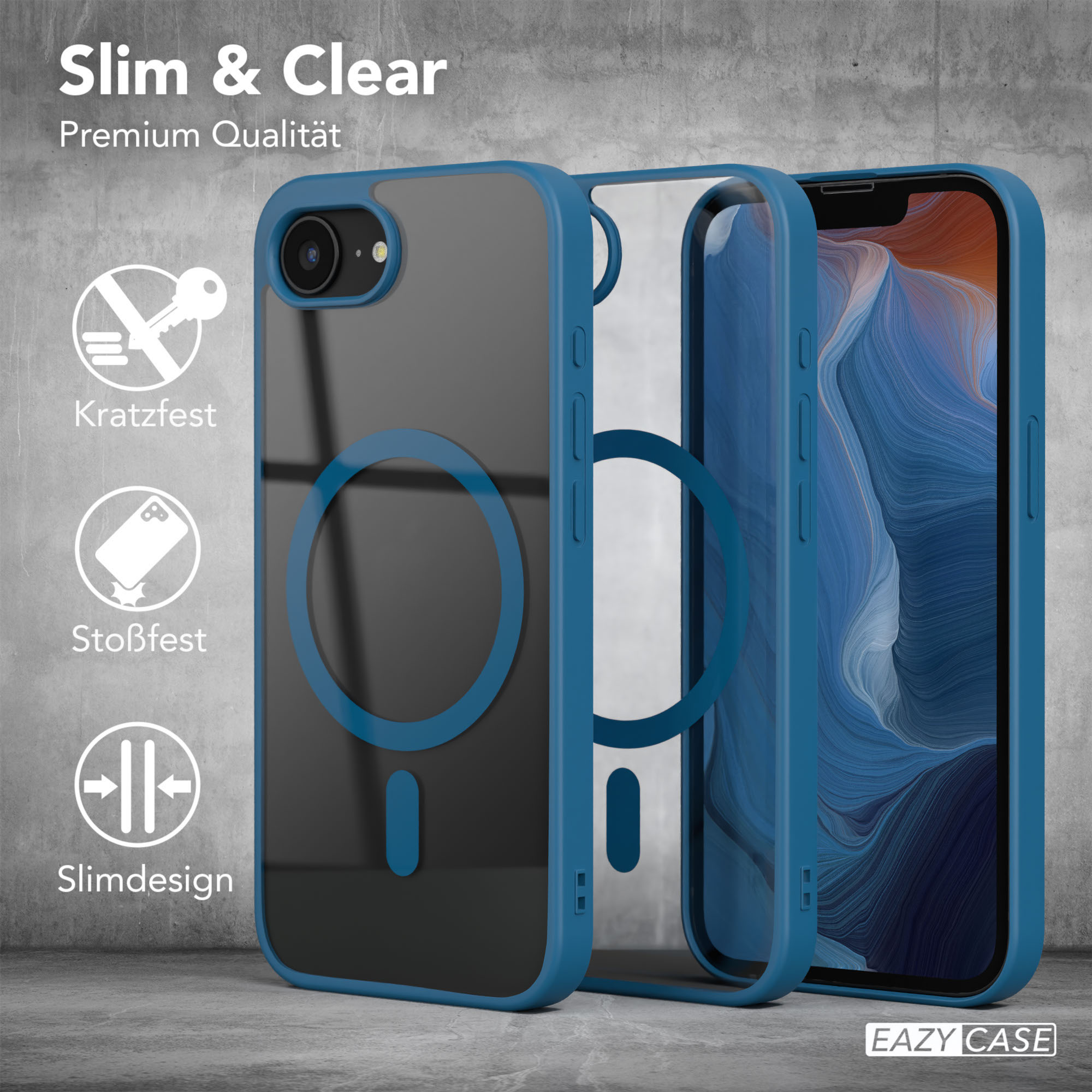 Drei Handyhüllen mit transparentem Rücken und blauen Seiten auf einer Oberfläche. Text und Symbole.