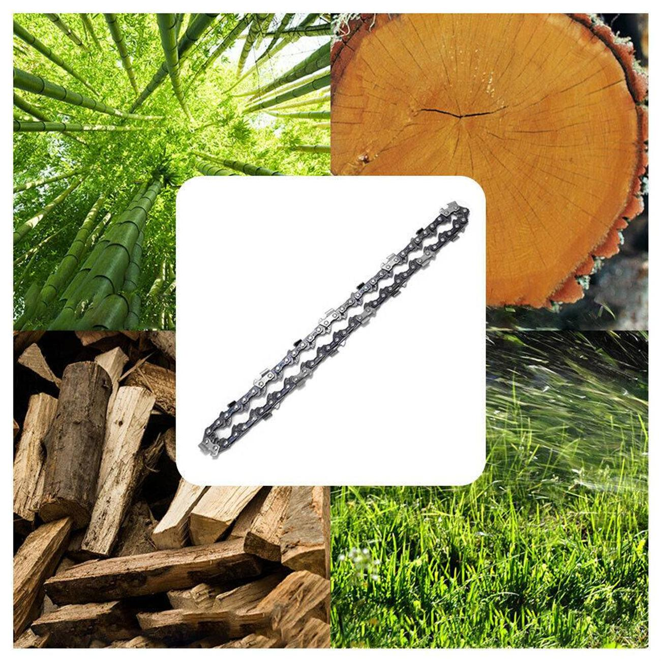Kettensägenkette in einem Quadrat, umgeben von Bambus, Holz, Wasser und Gras.