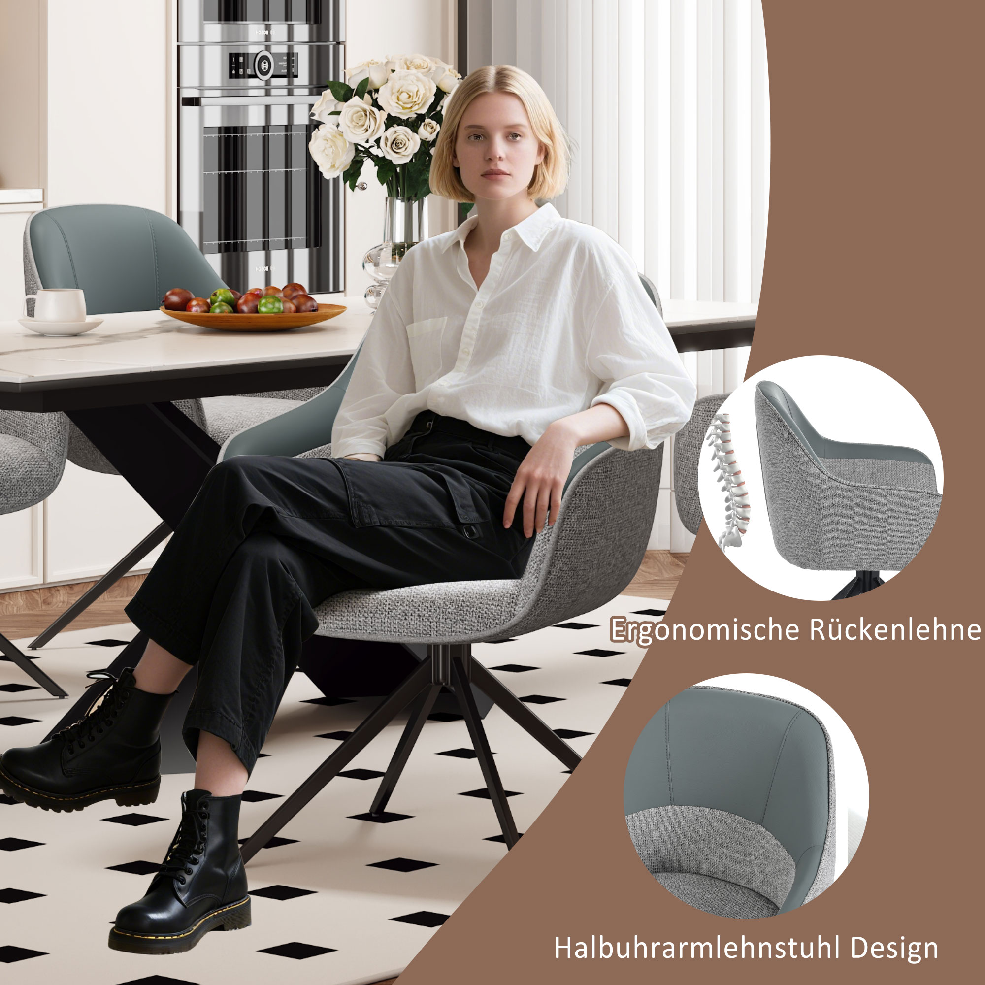 Frau sitzt in einem grauen Stuhl an einem Tisch, mit hervorgehobenen Details des Stuhldesigns.