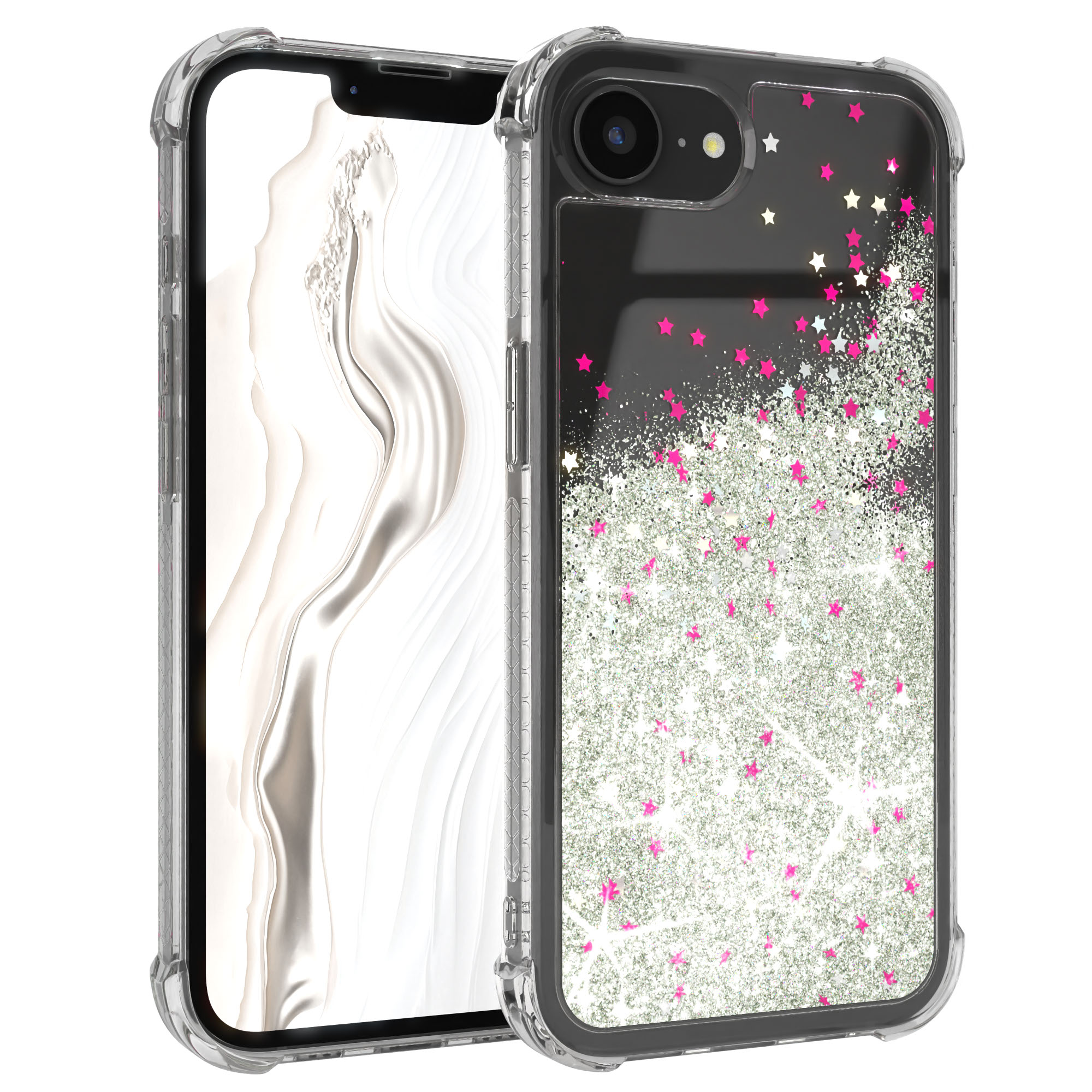 Transparente Handyhülle mit silbernem und pinkfarbenem Glitzer. Die Hülle umgibt das Telefon. Schwarzer Hintergrund.