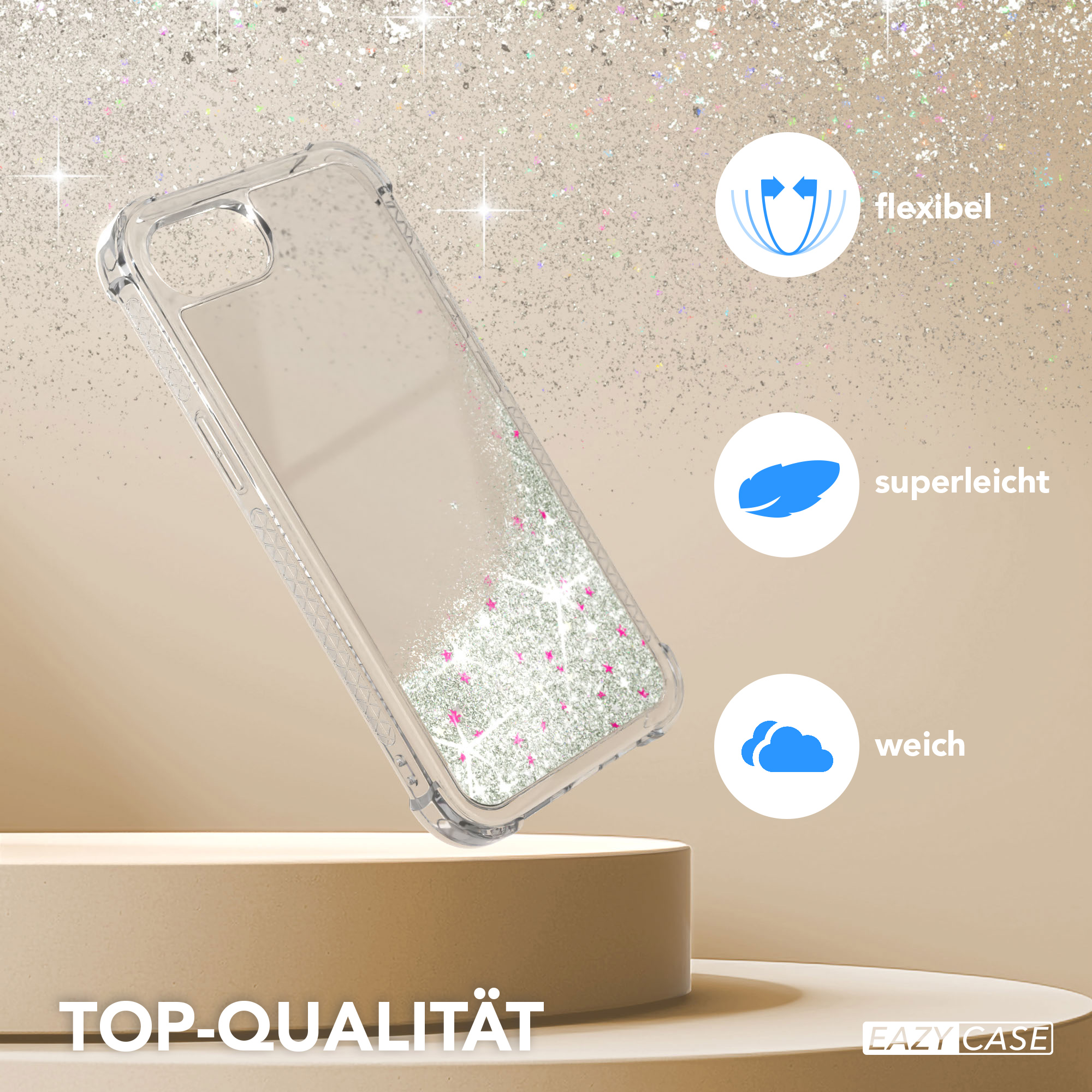 Eine transparente Handyhülle mit Glitzer, die Flexibilität, Leichtigkeit und Weichheit mit Symbolen zeigt.